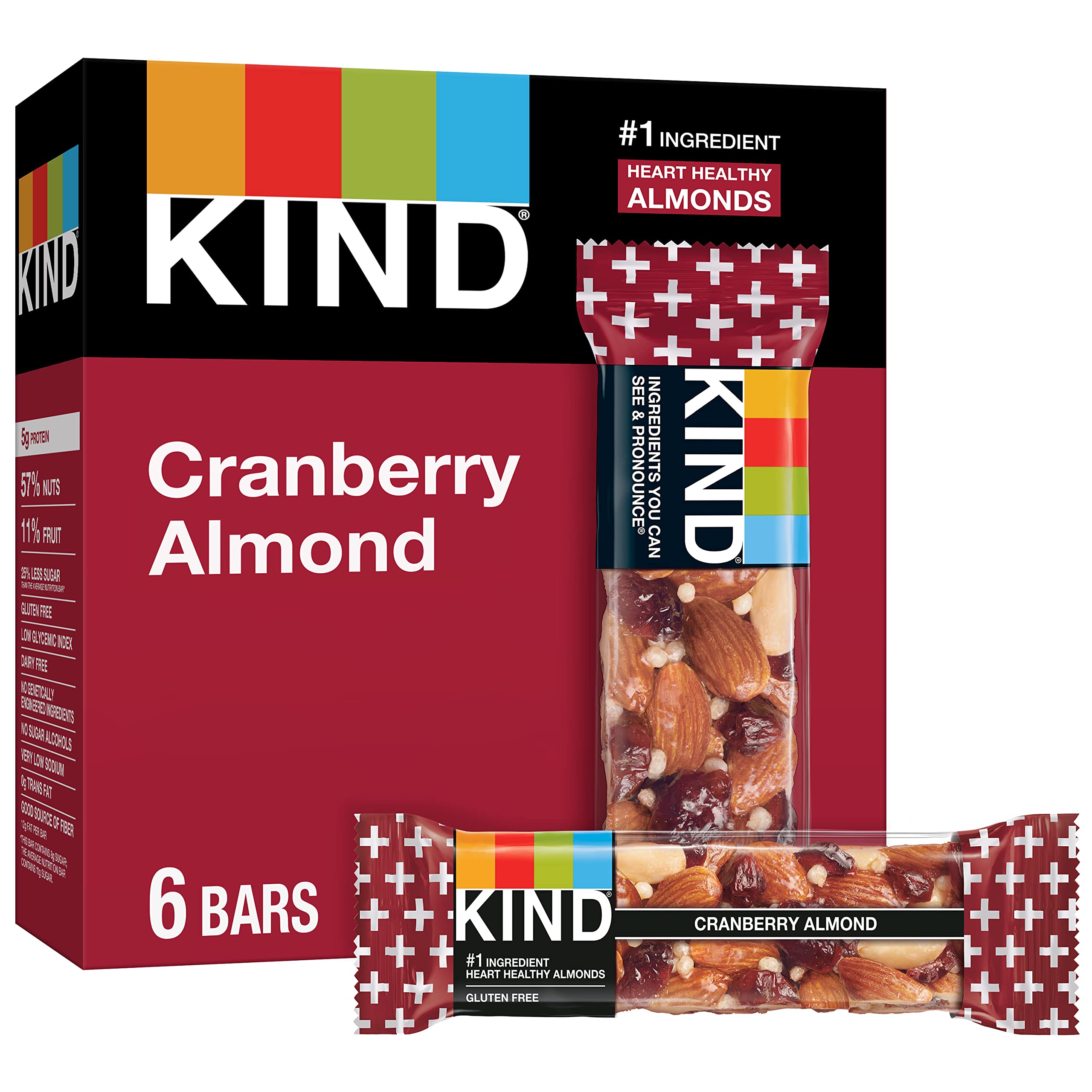 KIND Nut Bars, Cranberry Almond - Healthy Gluten Free Snacks with 5g Protein & Fiber | 6 Count Pack for On-the-Go Breakfast, Hiking & Office Snacking