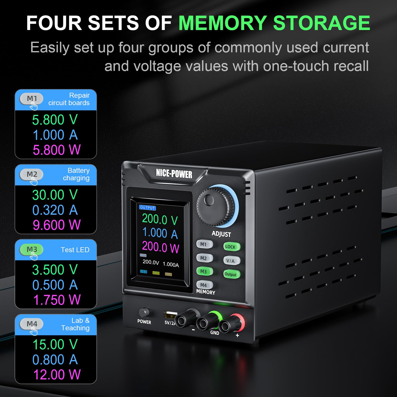 NICE-POWER Adjustable DC Power Supply 0-200V 0-1A, High Precision Variable Voltage & Current Bench Power Supply with Memory Function, Encoder Knob & Lock Button - Ideal for Electronics Lab, Circuit Testing & DIY Projects