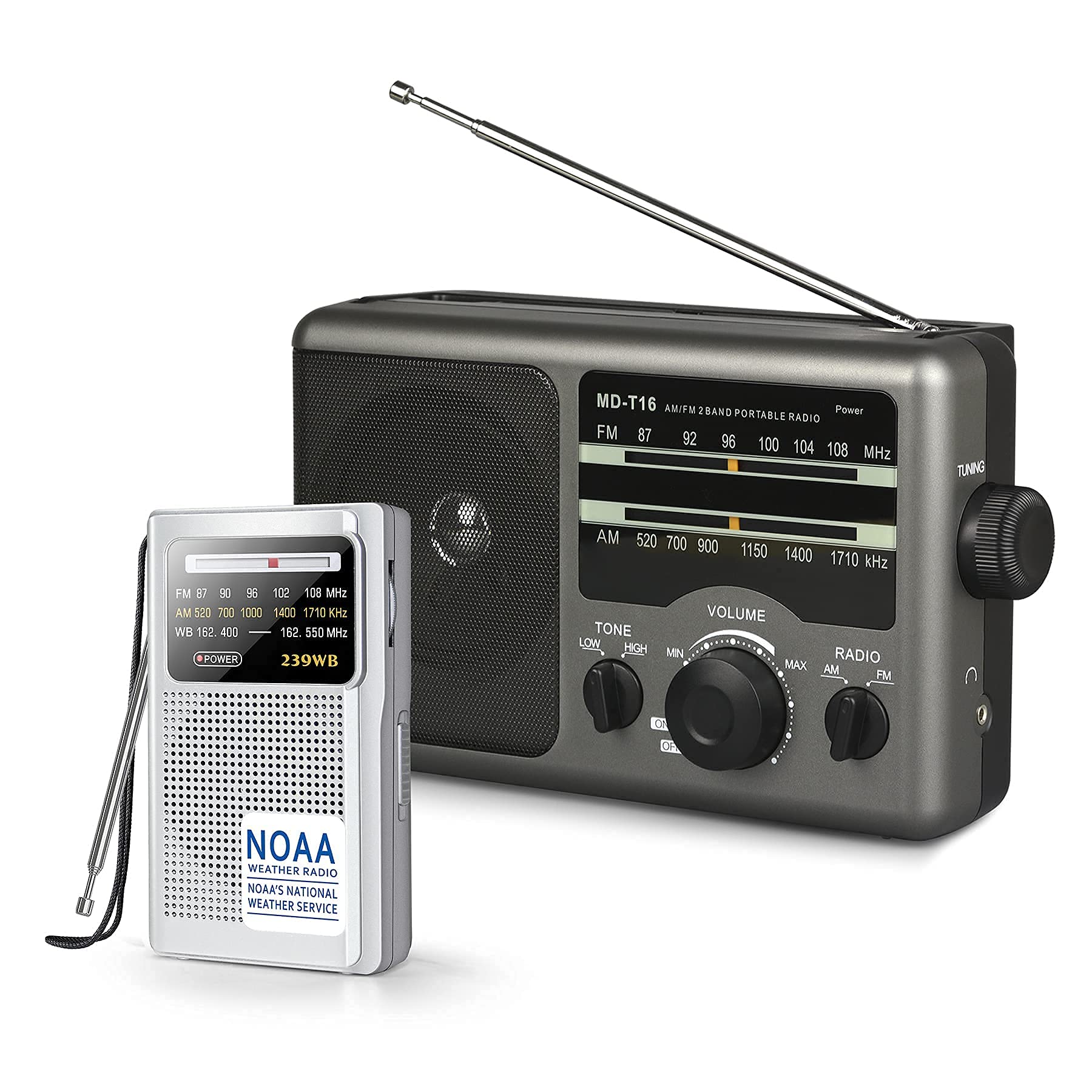 Greadio AM FM Portable Radio with 3.5mm Headphone Jack, Bass/Treble Adjustment, Large Speaker - Battery or AC Powered for Home, Camping, Emergency & Outdoor Use (Grey & Silver)