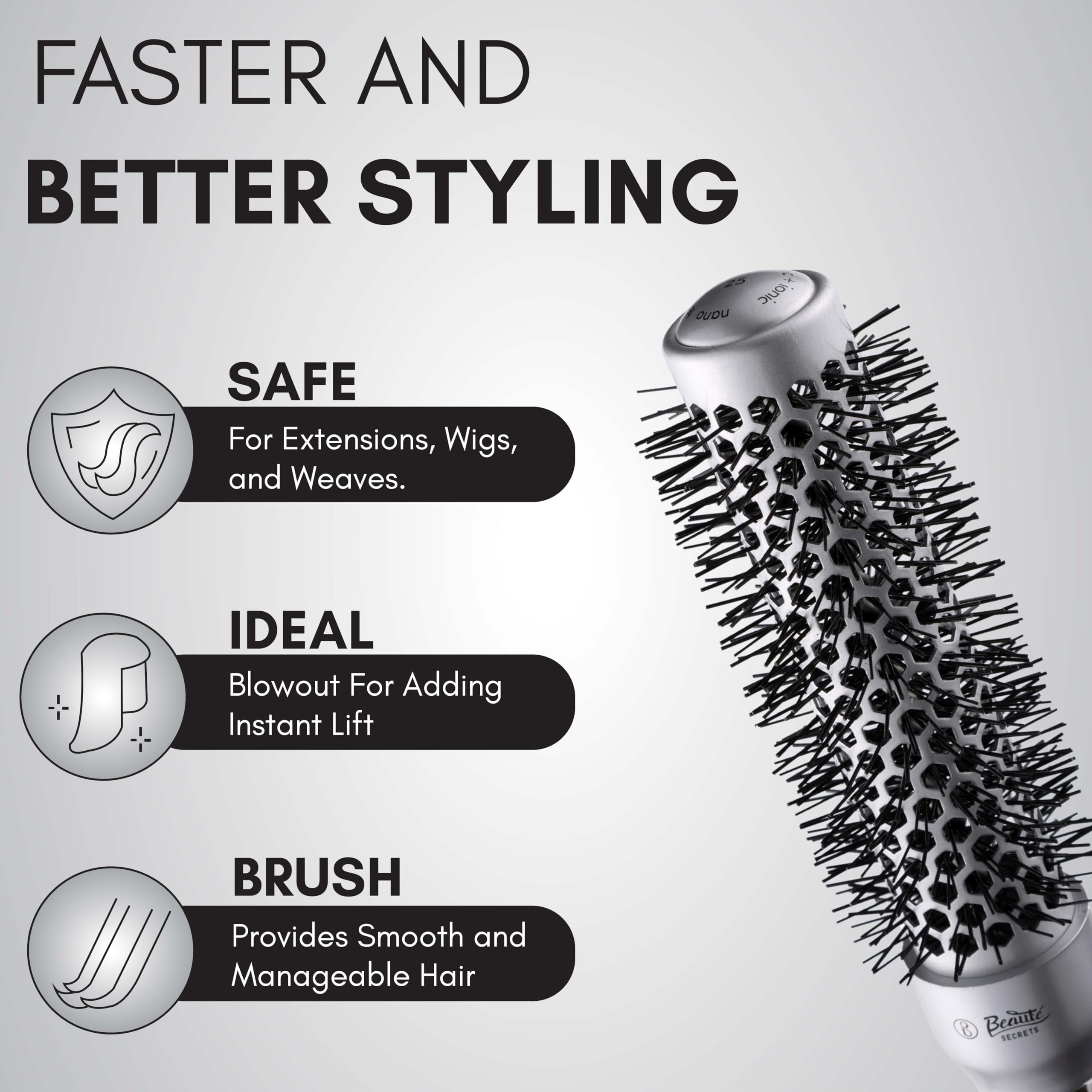 Beauté Secrets Professional Round Hair Brush for Women & Men - Blow Dryer Brush, Styling Comb for Voluminous, Bouncy Curls - Perfect for Salon-Quality Hair at Home, Travel & Daily Styling
