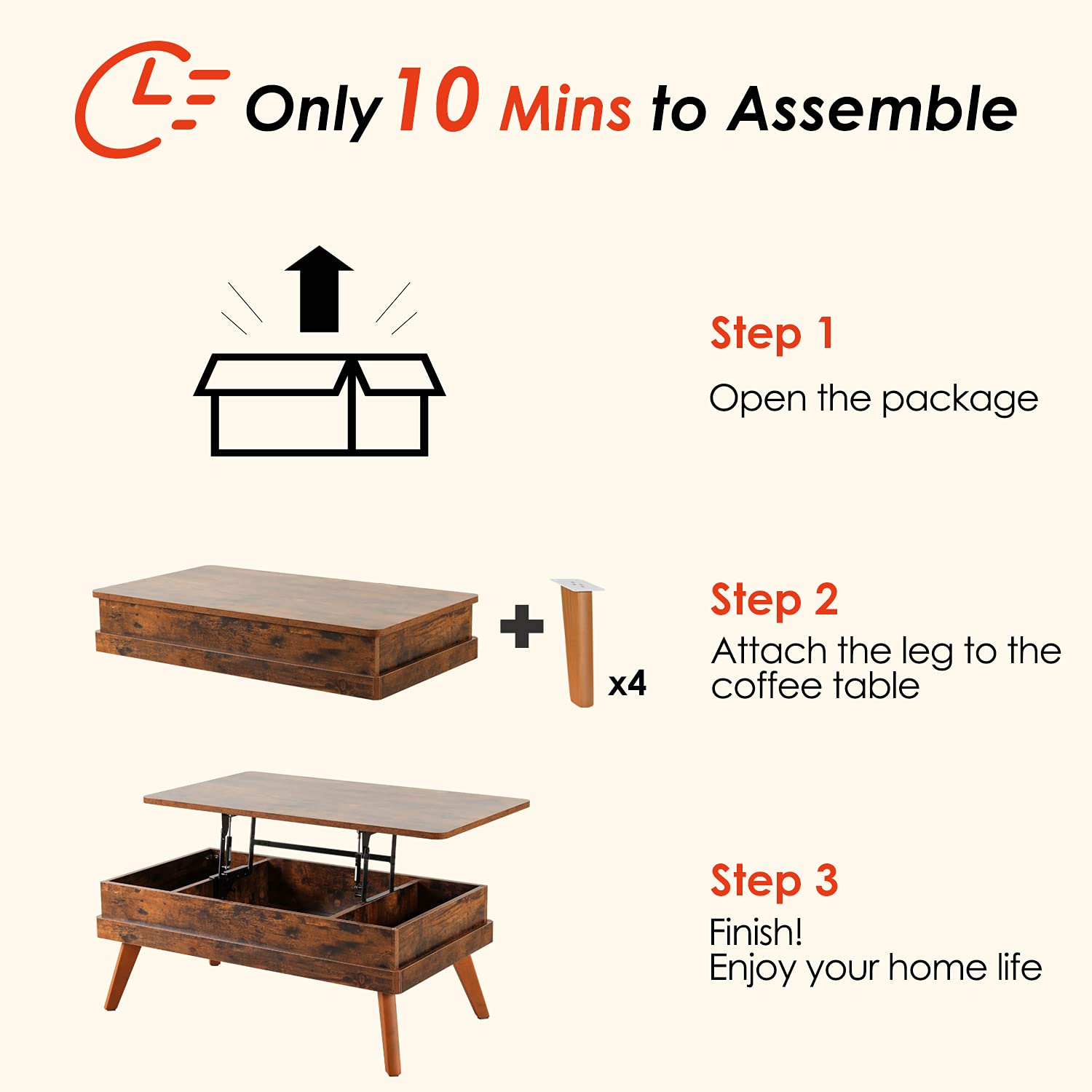 Lift Top Coffee Table with Hidden Storage - Easy to Assemble Industrial Style Center Table for Living Room, Home Office & Reception - Rustic Brown Finish | Perfect for Small Spaces, Entertaining & Multi-Functional Use