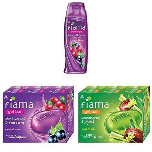 Fiama Blackcurrant & Bearberry Shower Gel & Body Wash, 250ml + 3-Pack Soap Bars (125g Each) - Refreshing & Moisturizing for Daily Skincare Routine | Perfect for Bath, Shower & Travel
