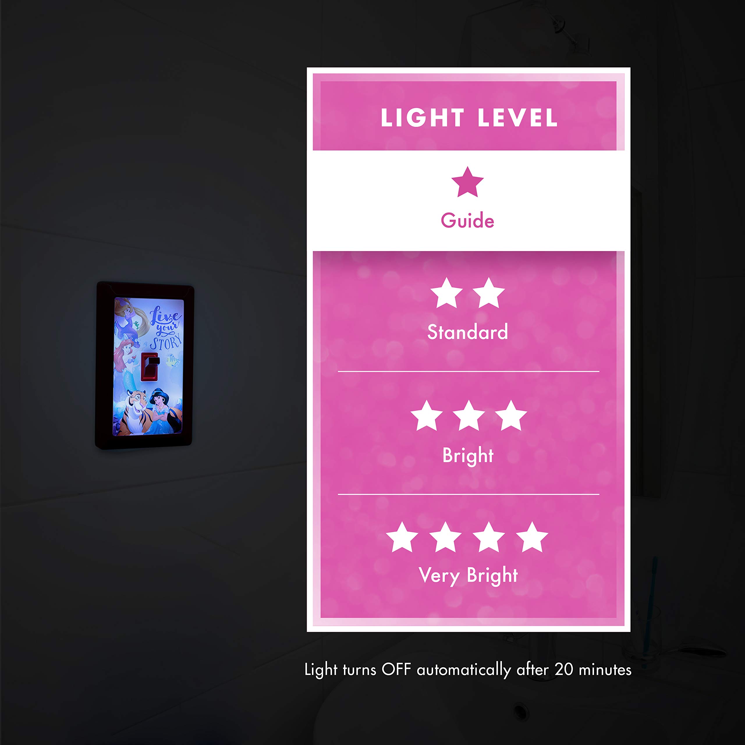 Disney Princess LED Night Light for Kids - Battery Operated Wall Switch Cover, Pink Room Decor for Playrooms, Bedrooms & Bathrooms - Perfect for Bedtime, Nighttime Safety & Nursery Decor (Model 44487)