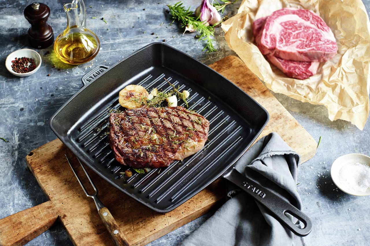 Staub 12-Inch Square Cast Iron Grill Pan - Matte Black, Made in France | Premium Heavy Duty Cookware for Steaks, Burgers & Vegetables | Indoor & Outdoor Cooking, BBQ, Camping, Stovetop & Oven Safe