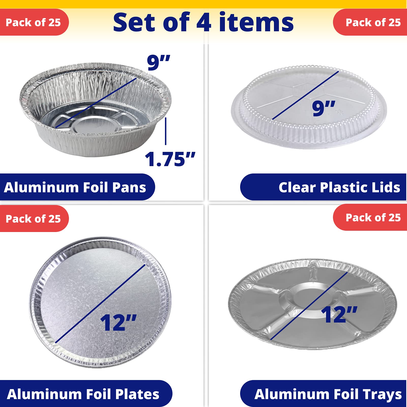 75-Piece Aluminum Catering Set with 25 Lazy Susans, 25 Flat Trays & 25 Lidded Pans - Disposable Round Foil Containers for Baking, Parties, Events & Food Service | Perfect for Catering, Buffets & Takeout Meals