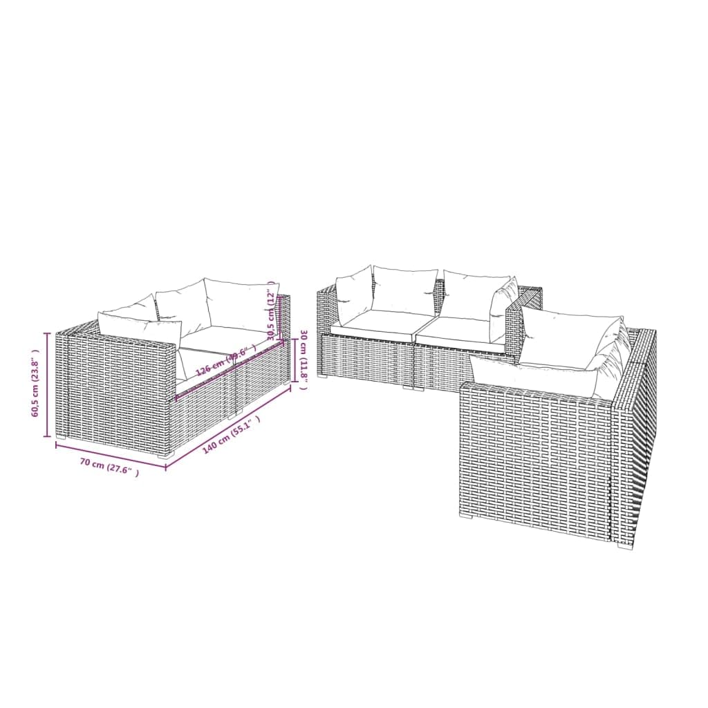 vidaXL 6-Piece Patio Lounge Set - Outdoor Garden Furniture with Cushions, Gray Poly Rattan Sectional Sofa for Backyard, Poolside & Terrace Relaxation