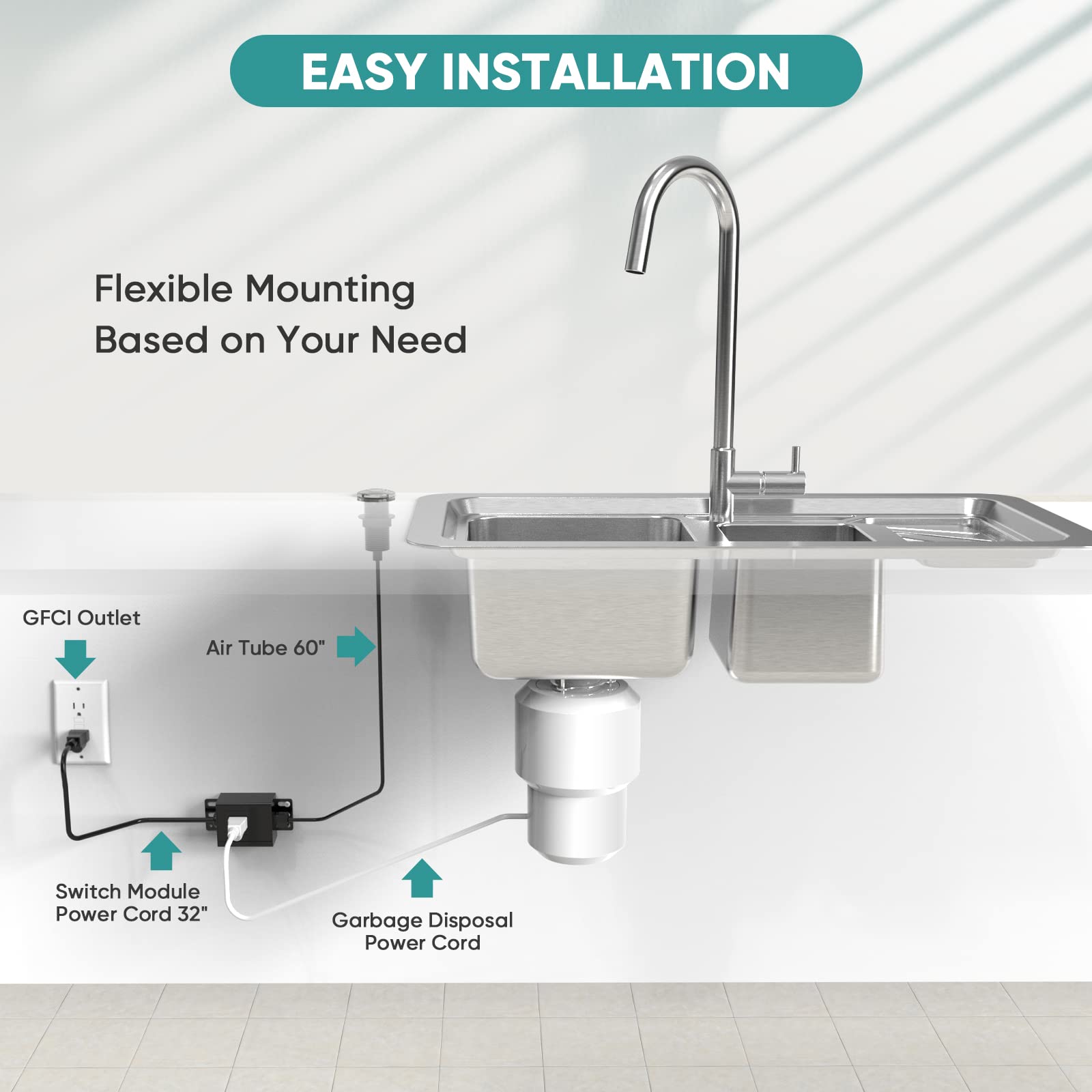 ROMECH Garbage Disposal Air Switch Kit - Brushed Stainless Steel Sink Top Push Button for 2HP Waste Disposer - Safe for Wet Hands & Food Waste - Perfect for Kitchen Sink, Dishwashing & Food Prep Areas