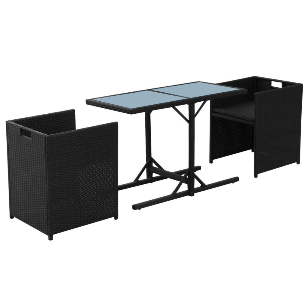 3-Piece Outdoor Patio Bar Set with Cushions - Black Poly Rattan Bistro Set for Backyard, Garden or Balcony Dining