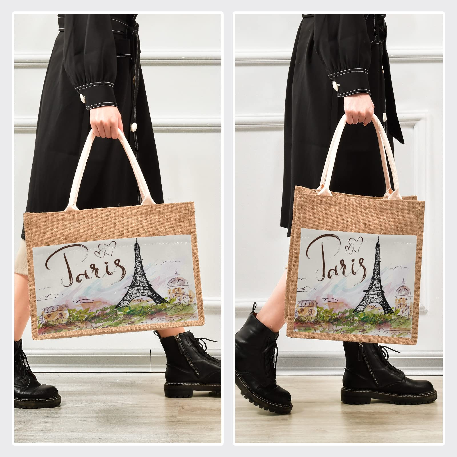 ALAZA Parisian Style Eiffel Tower Printed Jute Tote Bag for Women - Eco-Friendly Grocery Shopping & Travel Tote with Sturdy Handles (8.7