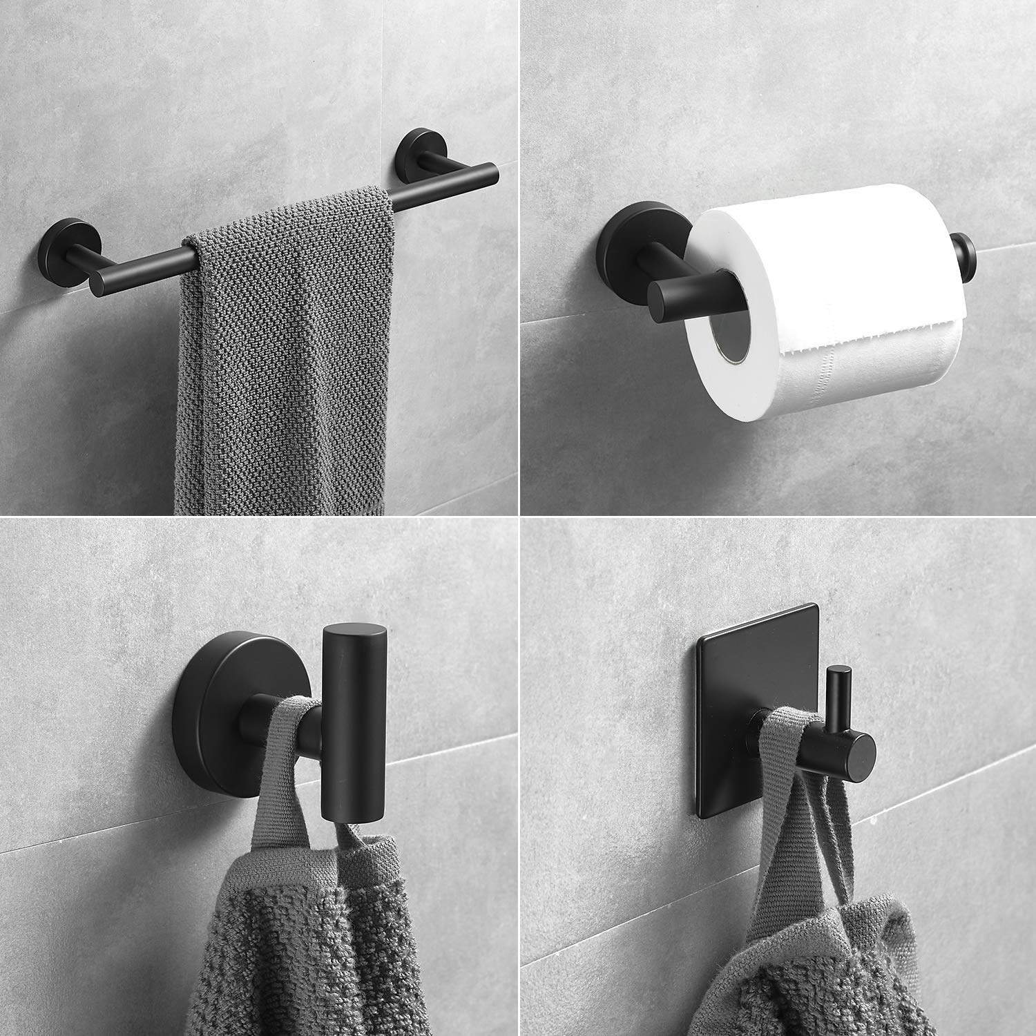 No-Drill Bathroom Hardware Set - SUS304 Stainless Steel Towel Bar (24 inch), 3 Robe Hooks & Toilet Paper Holder in Nickel Finish | Rustproof Bathroom Accessories Kit for Modern Homes, Apartments & Airbnb Rentals