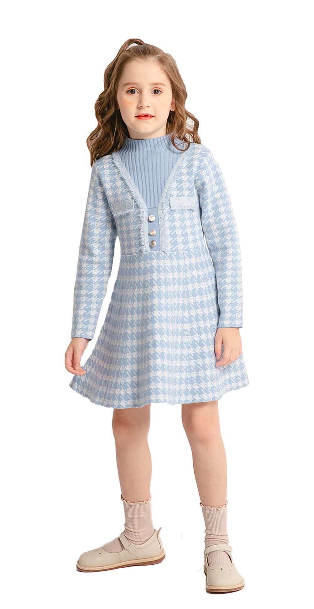 SMILING PINKER Girls Winter Knit Dress - Houndstooth Pattern Mock Neck Flare Sweater Dress for Toddlers | Warm & Stylish Outfit for Holiday Parties, Christmas Photos & School Events