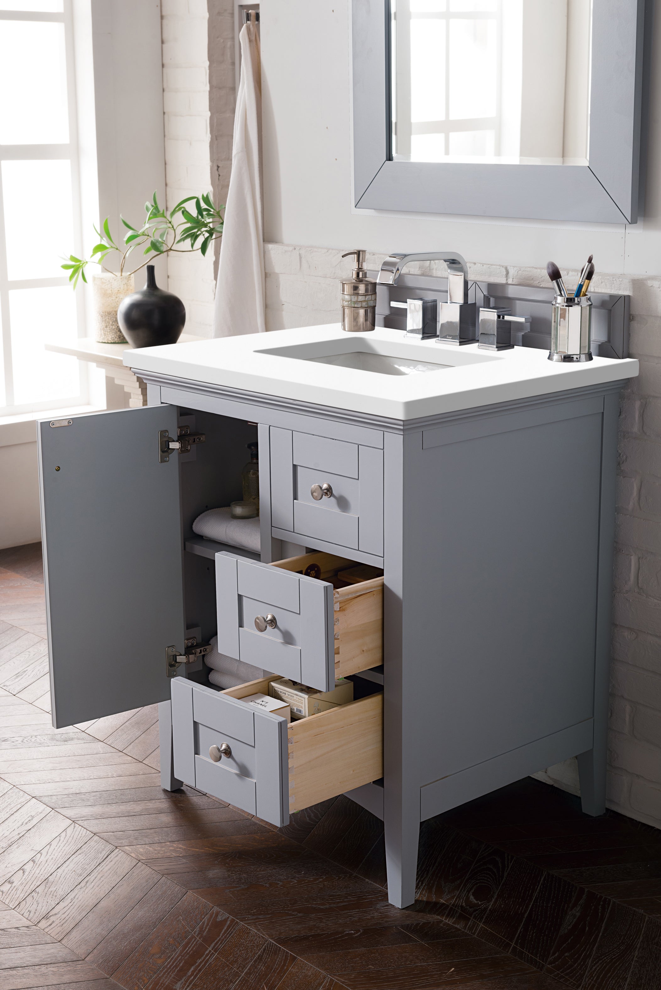 Palisades 30 Inch Single Bathroom Vanity with Classic White Quartz Top - Silver Gray Finish for Modern Home Decor | Perfect for Small Bathrooms & Powder Rooms