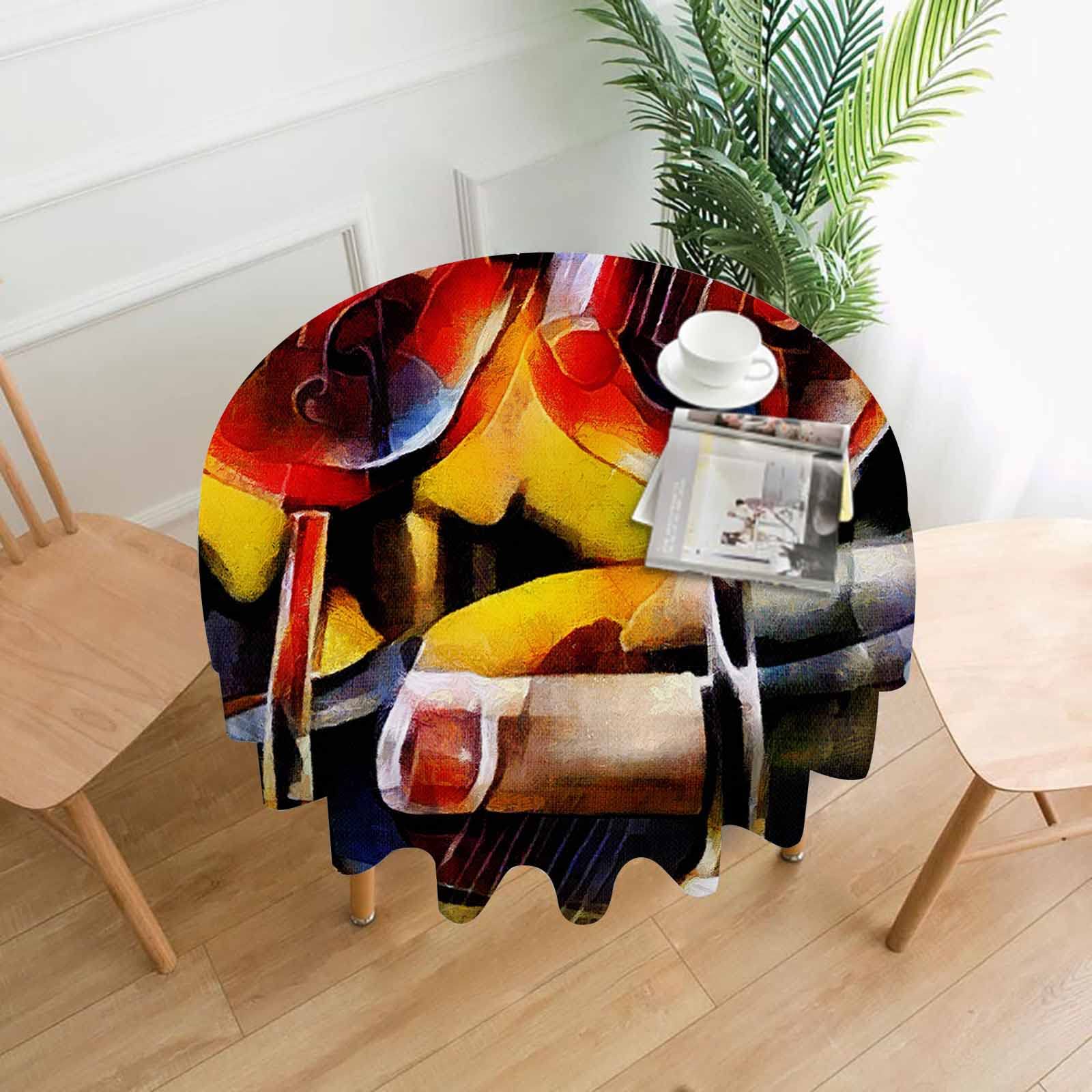 AOYEGO Cubism Style Wine Themed Round Tablecloth - 60 Inch Wrinkle-Free Polyester with Colorful Wine Bottle & Glass Design - Perfect for Kitchen, Outdoor Dining, Restaurant, Picnic & Party Decorations