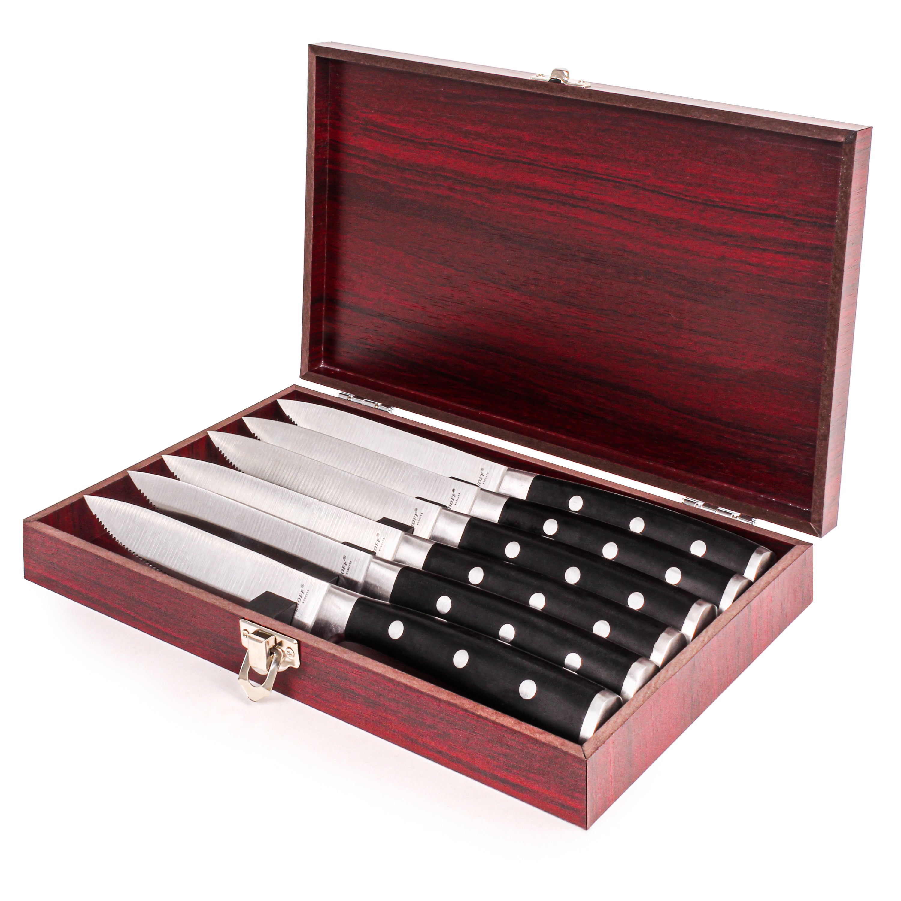 BergHOFF Essentials Classico 7-Piece Stainless Steel Steak Knife Set with Wooden Case - Sharp & Durable Knives for Steak, Meat, and BBQ - Perfect for Dining, Gifting, and Home Kitchen Use