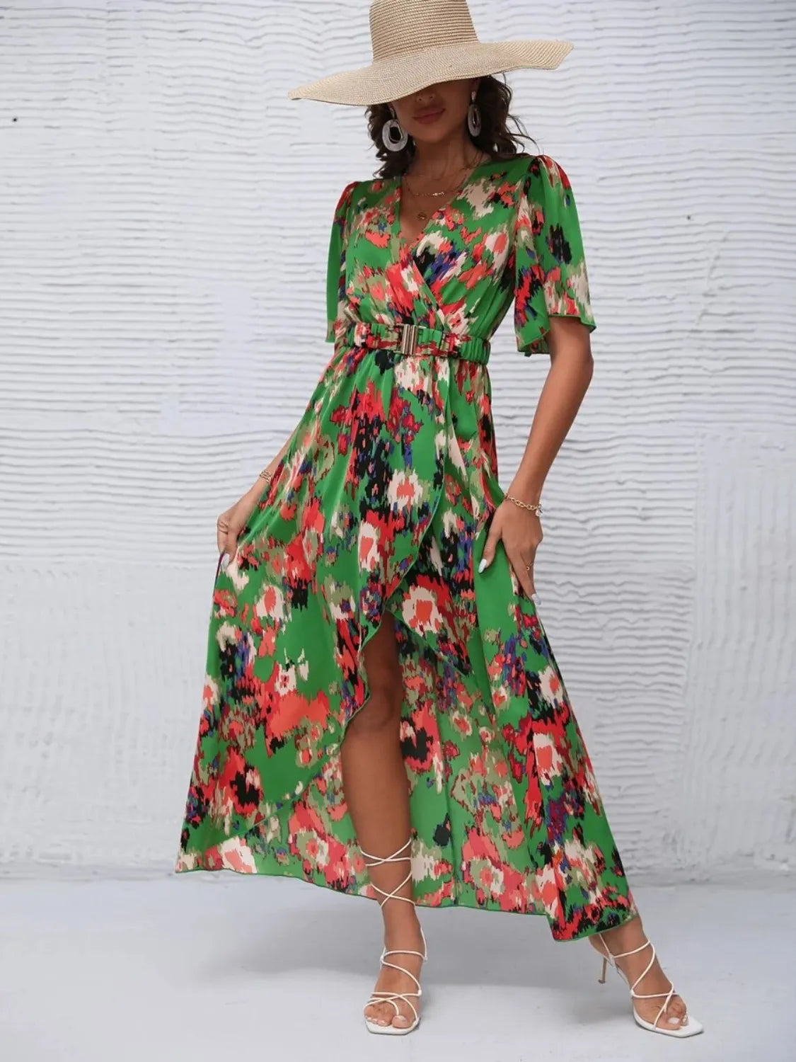 Floral Short Sleeve Vacation Maxi Dress - Women's Summer Boho Beach Dress for Tropical Getaways, Pool Parties & Outdoor Weddings