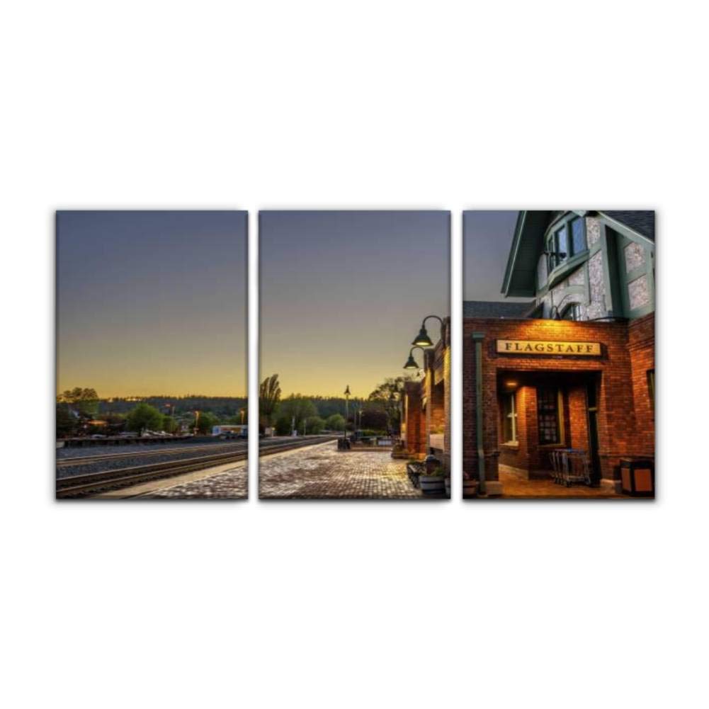Vintage Flagstaff Railway Station Sunset Canvas Wall Art - Set of 3 Framed Oil Paintings (16x24 inches) for Home, Office & Bedroom Decor | Historic Train Station Landscape Artwork | Perfect for Western Theme, Man Cave & Rustic Interior Design