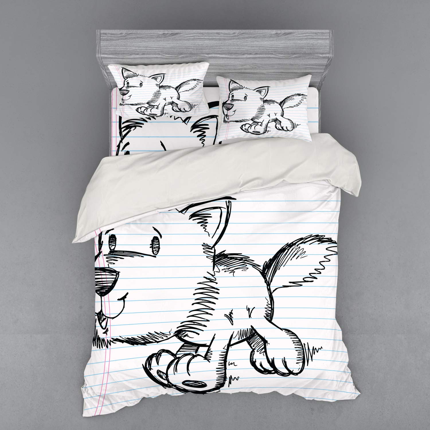 Ambesonne Cartoon 3-Piece Queen Size Bedding Set - Running Puppy Dog Scribble Art Duvet Cover with Sham & Fitted Sheet, Black Pale Blue Pink | Stylish Notebook Page Design for Kids' Room, Teen Bedroom & Dorm Decor