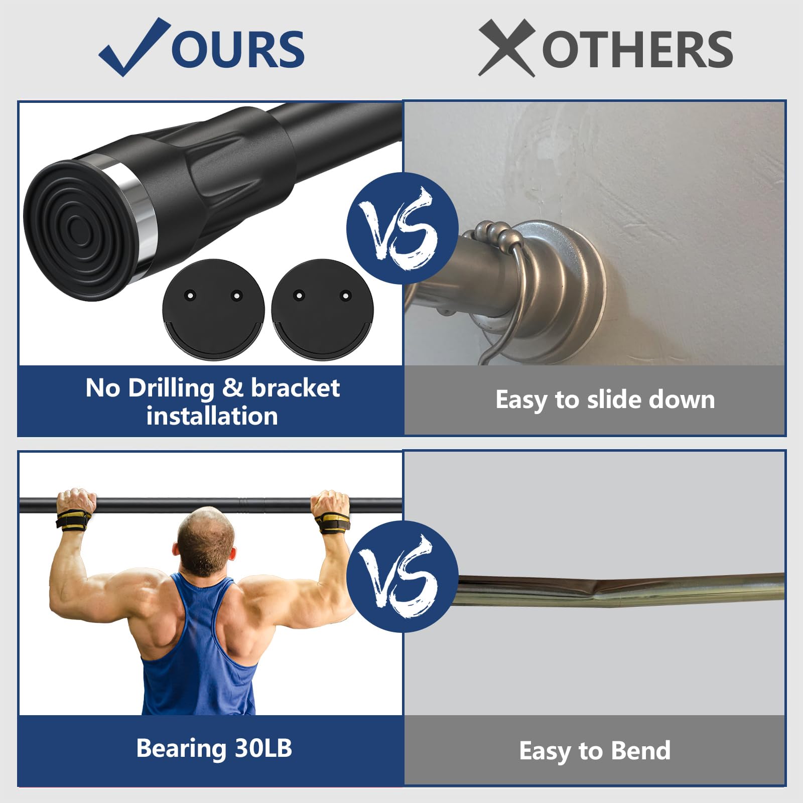 No-Drill Adjustable Tension Shower Curtain Rod 42-100 Inch - Black Bathroom Shower Rod with Holders for Easy Installation - Perfect for Apartments, Dorms & Rental Homes