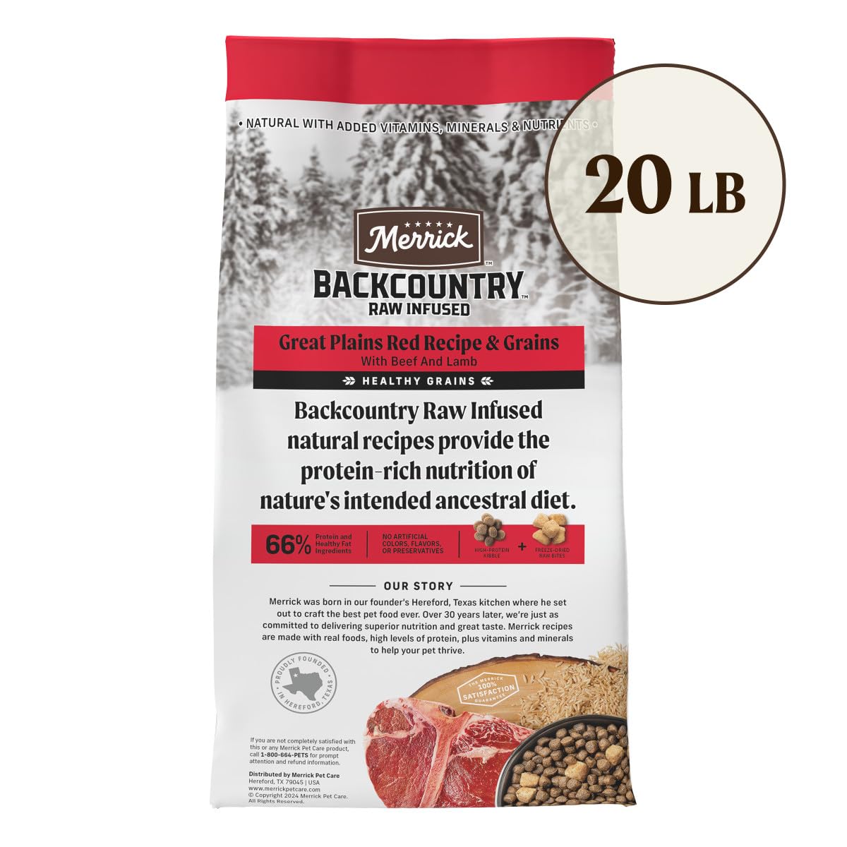 Merrick Backcountry Healthy Grains Kibble With Freeze Dried Raw Pieces - Great Plains Red Meat Recipe Dry Dog Food, 20 lb Bag | High Protein Nutrition for Active Dogs, Outdoor Adventures & Daily Meals