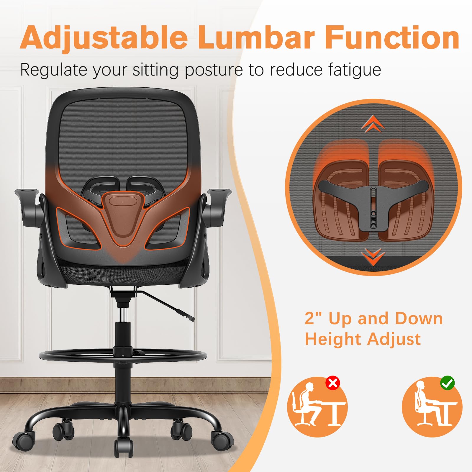 Ergonomic Tall Drafting Chair with Lumbar Support & Footrest - Adjustable Height Mesh Office Chair with Flip-Up Arms for Home & Work (Black) - Perfect for Architects, Designers & Long-Hour Computer Work