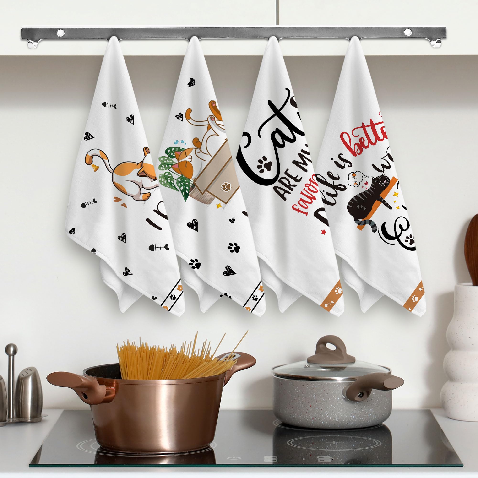 Hexagram Cat Lover Gifts for Women - Set of 4 Funny Cat Kitchen Towels, Cute Cat Tea Towels & Hand Towels - Perfect Cat Mom Gifts, Housewarming Presents & Kitchen Decor - Ideal for Daily Use, Dish Drying & Home Decoration