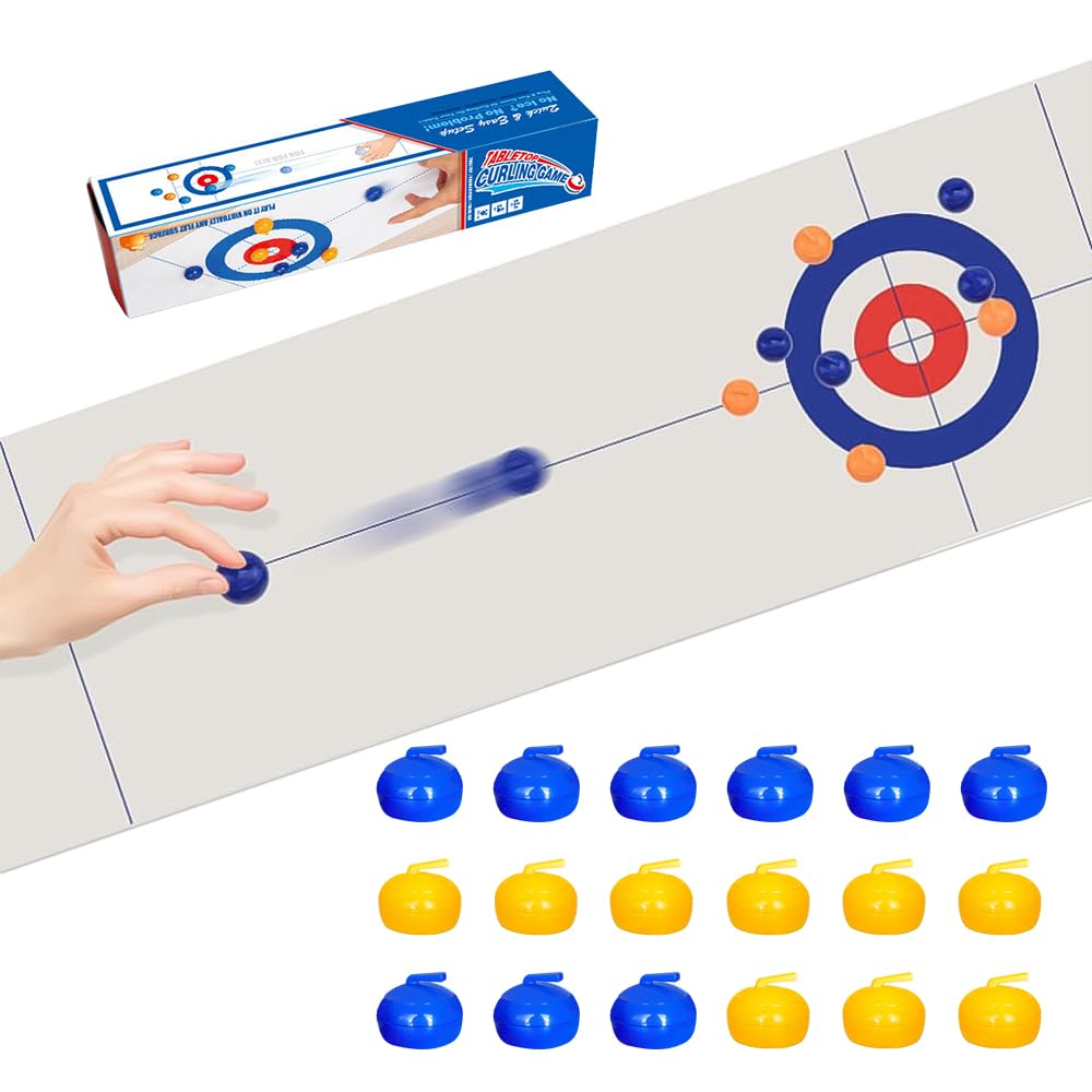 Mini Table Curling Game Set - Portable Shuffleboard & Hockey Style Indoor Board Game for Kids & Adults - Fun Family Party Activity for Home, Office, or Game Room Entertainment
