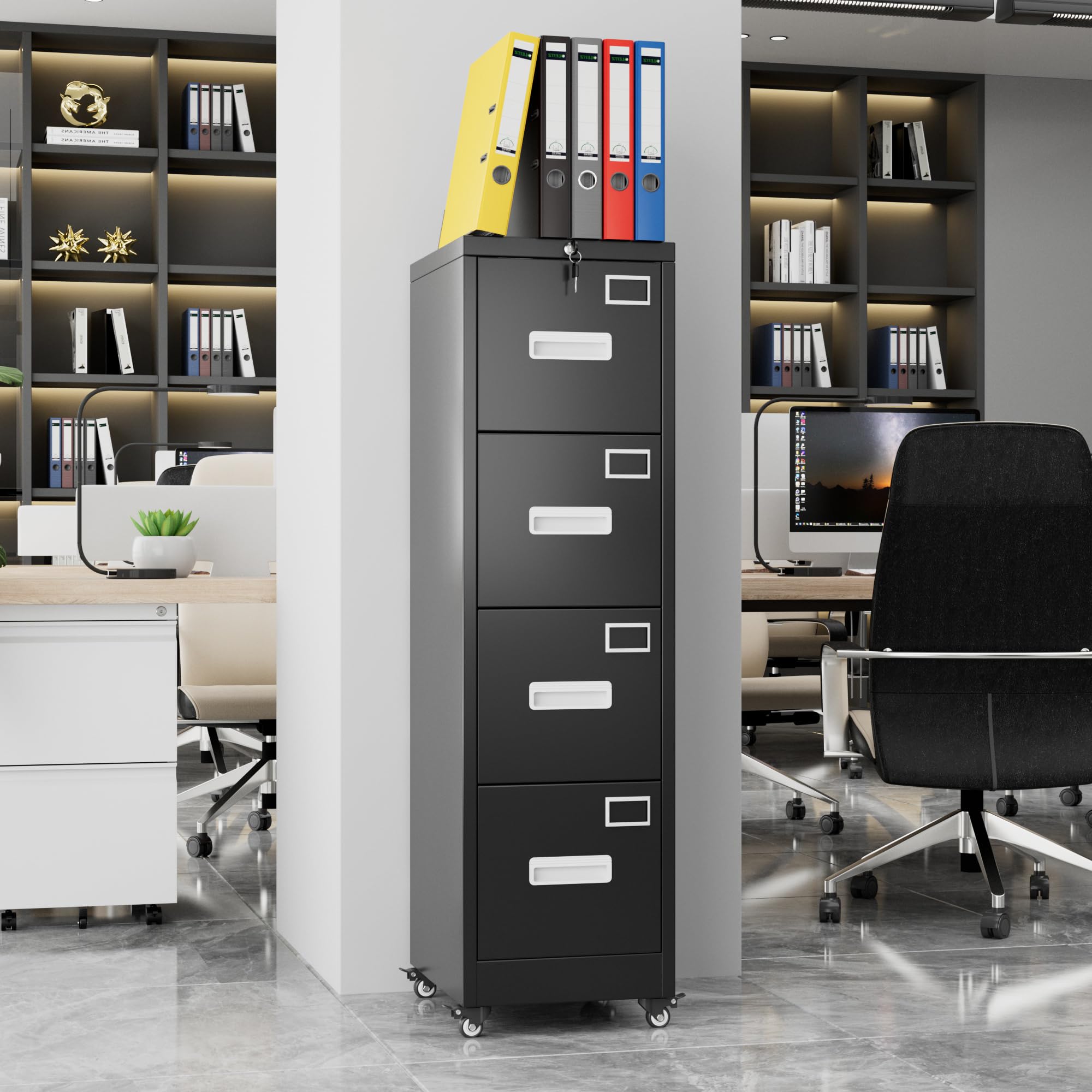 Lockable 4-Drawer Vertical File Cabinet on Wheels - Mobile Office & Home Storage Cabinet with Handle & Name Card - Easy Assembly, Black - Perfect for Organizing Documents, Files & Office Supplies