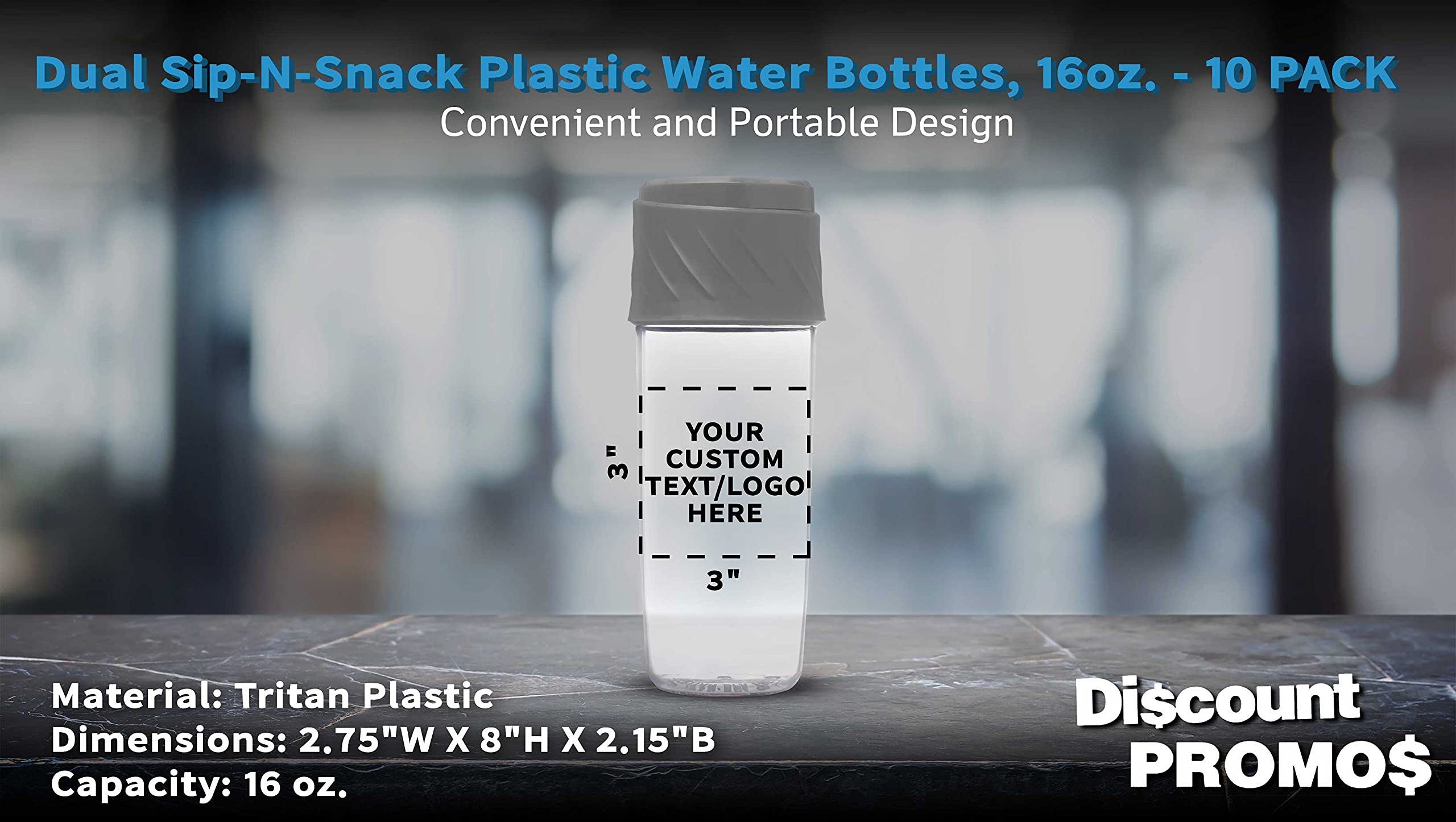 10 Pack Dual Sip-N-Snack 16oz BPA-Free Plastic Water Bottles with Screw-On Lid - Custom Text & Logo - Perfect for Schools, Sports & Office Hydration