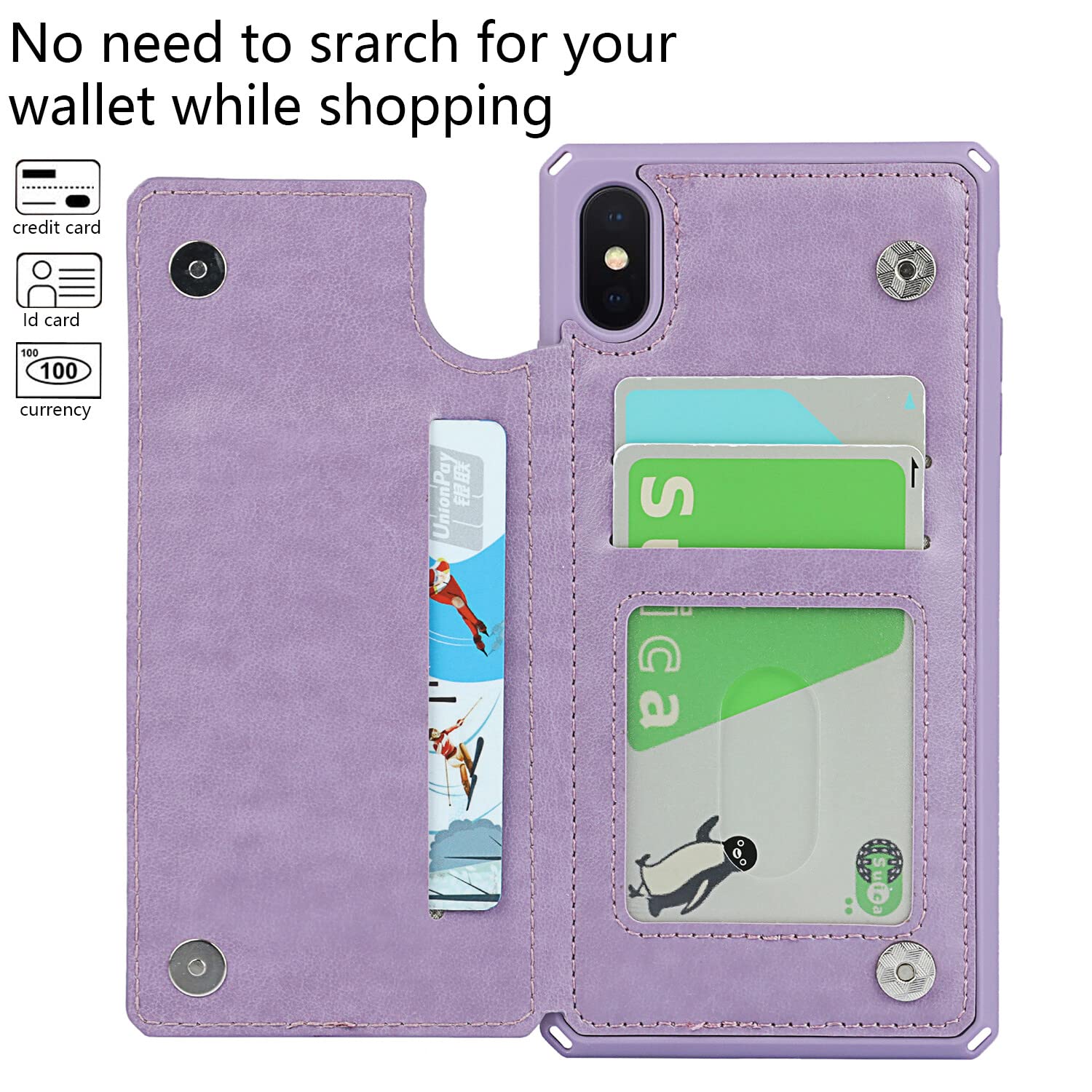 Premium PU Leather iPhone Xs Max Wallet Case with Card Holder & Kickstand - Shockproof Credit Card Slots Cover for Women & Men (Purple) - Perfect for Travel, Work & Everyday Protection