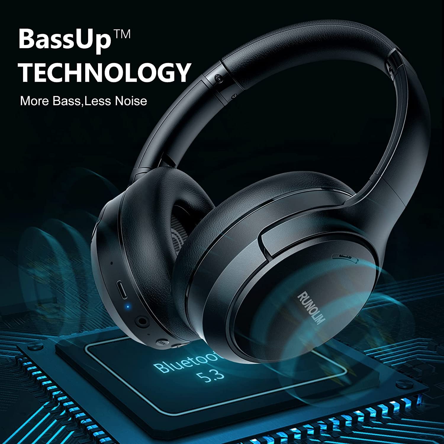 RUNOLIM Hybrid Active Noise Cancelling Wireless Over-Ear Bluetooth Headphones with Microphone - 70H Playtime, Foldable Design, HiFi Audio & Deep Bass - Perfect for Home, Travel, Office & Commuting