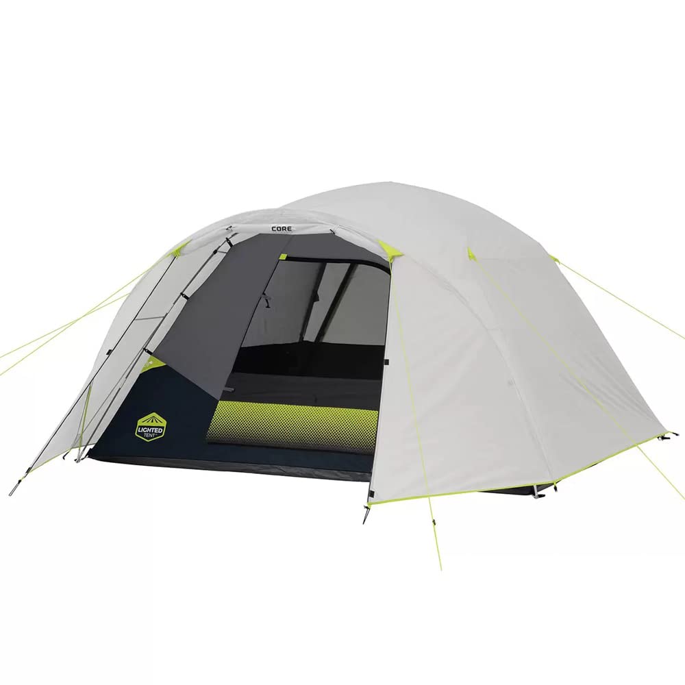 Core 6-Person Instant Pop-Up Family Camping Tent with LED Lighted Dome & 2 Sleeping Bags - Waterproof Outdoor Tent for Backpacking, Hiking & Family Adventures - Compact Design for Easy Setup & Privacy