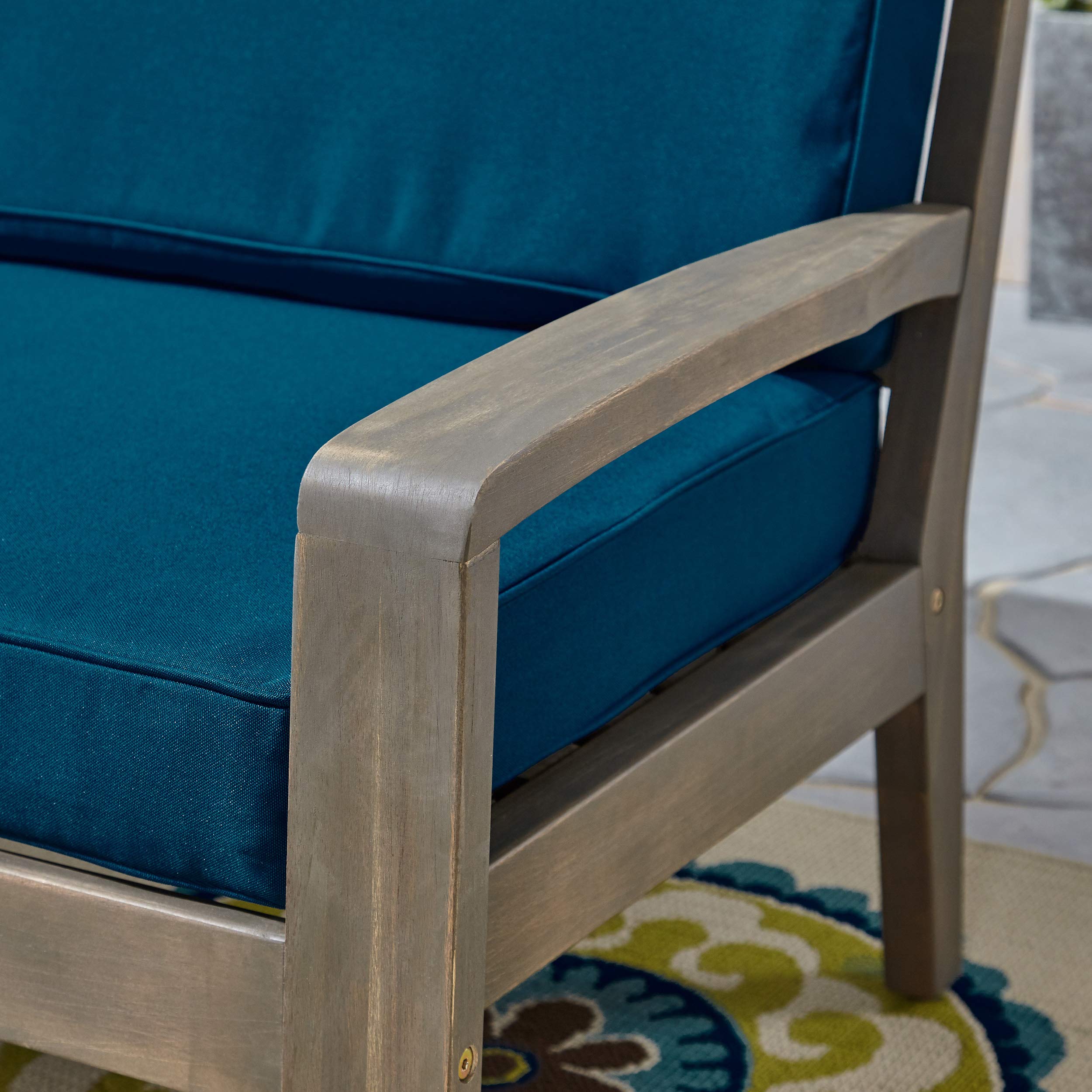 Acacia Wood Patio Loveseat & Coffee Table Set with Teal Cushions - Gray Finish Outdoor Furniture for Garden, Deck & Backyard Relaxation