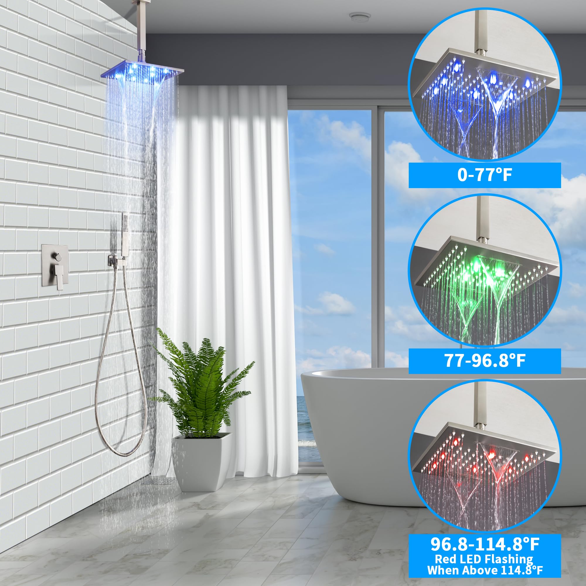 SKOWLL Ceiling Mounted Shower System - 2 Function Shower Control Valve with High Pressure Shower Head & Handheld Spray Combo in Polished Chrome - Perfect for Modern Bathrooms & Spa-Like Shower Experience