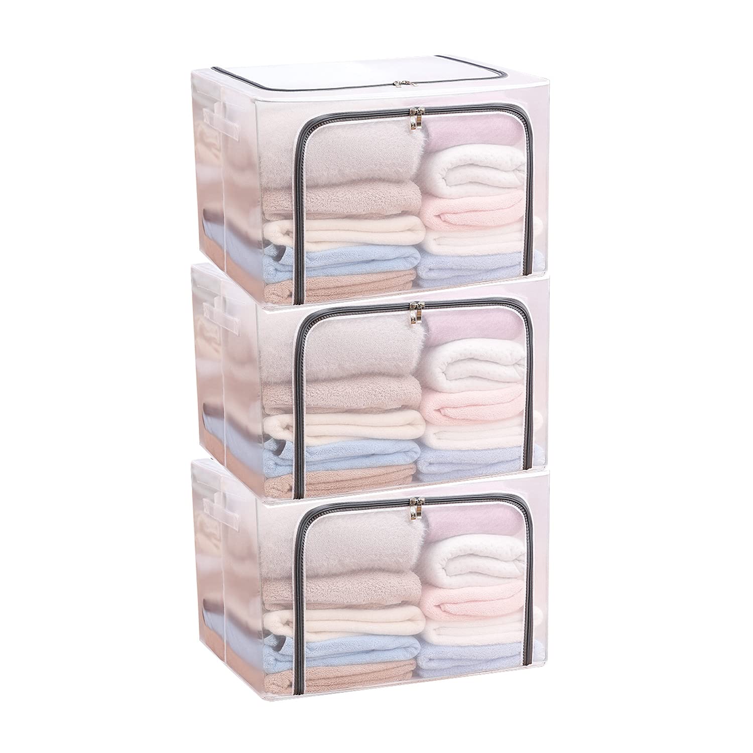 GUO FENG DIAO Extra Large Folding Storage Box - 110L x 3Pcs Steel Frame Wardrobe Organizer with Transparent PVC/Nylon Fabric for Clothes, Quilts & Blankets | Space Saving Closet Storage Solution for Bedroom, Dorm & Travel