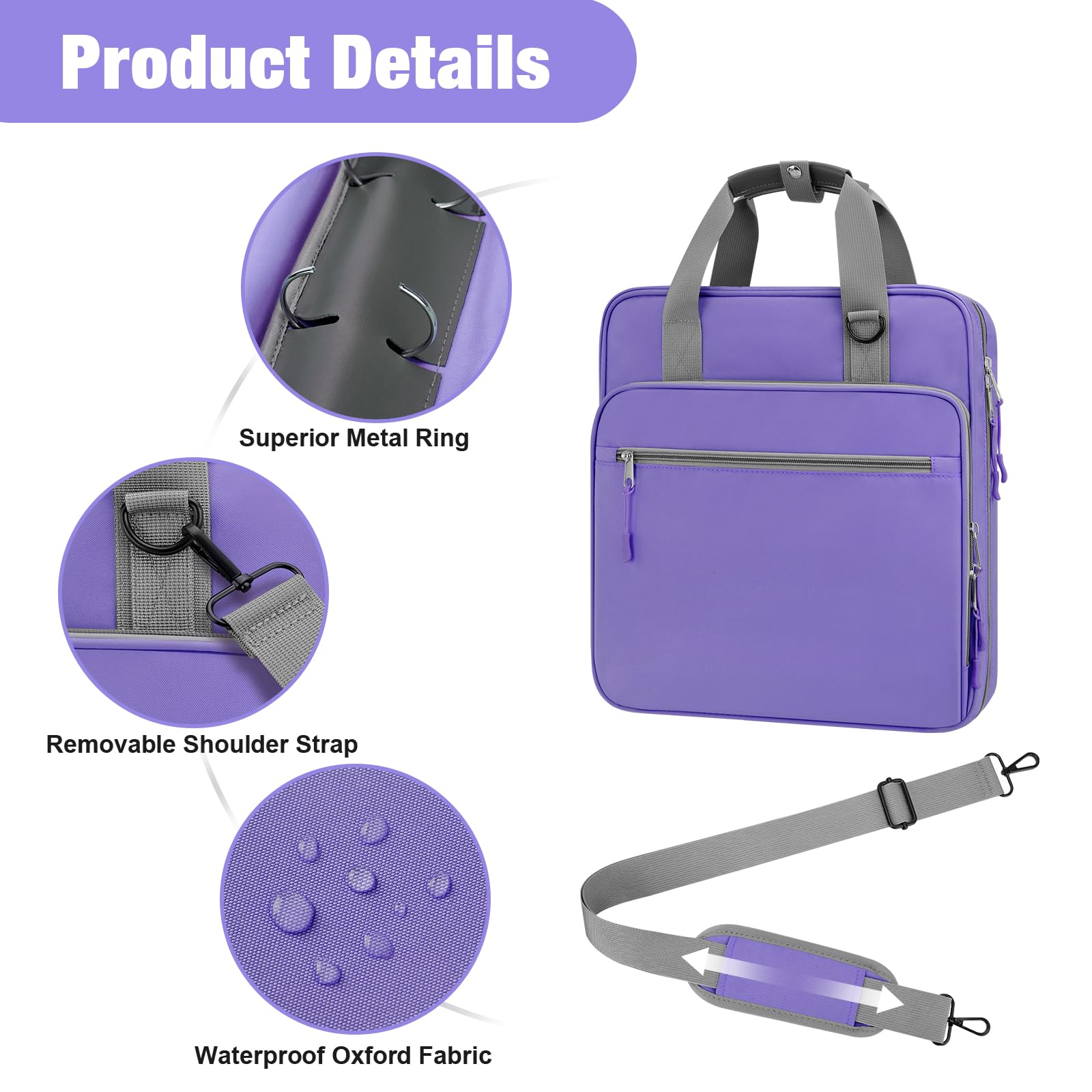 3 Ring 2 Inch Zipper Binder - 500 Sheet Capacity School Binder with Zipper Closure for Students, Fits 13-Inch MacBook, Includes Handle & Adjustable Shoulder Strap - Perfect for School, College, Office & Travel (Purple)