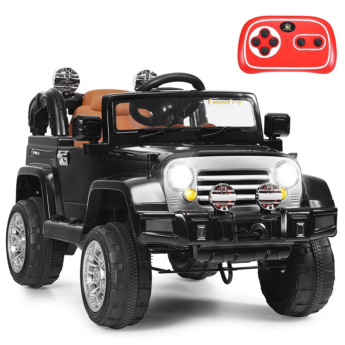 HONEY JOY 12V Battery Powered Ride On Truck for Kids with Remote Control, MP3 Player, Music, Horn & LED Lights - Electric Car with Spring Suspension & Open Doors for Boys & Girls (Black) | Perfect for Outdoor Play, Birthday Gifts & Family Fun