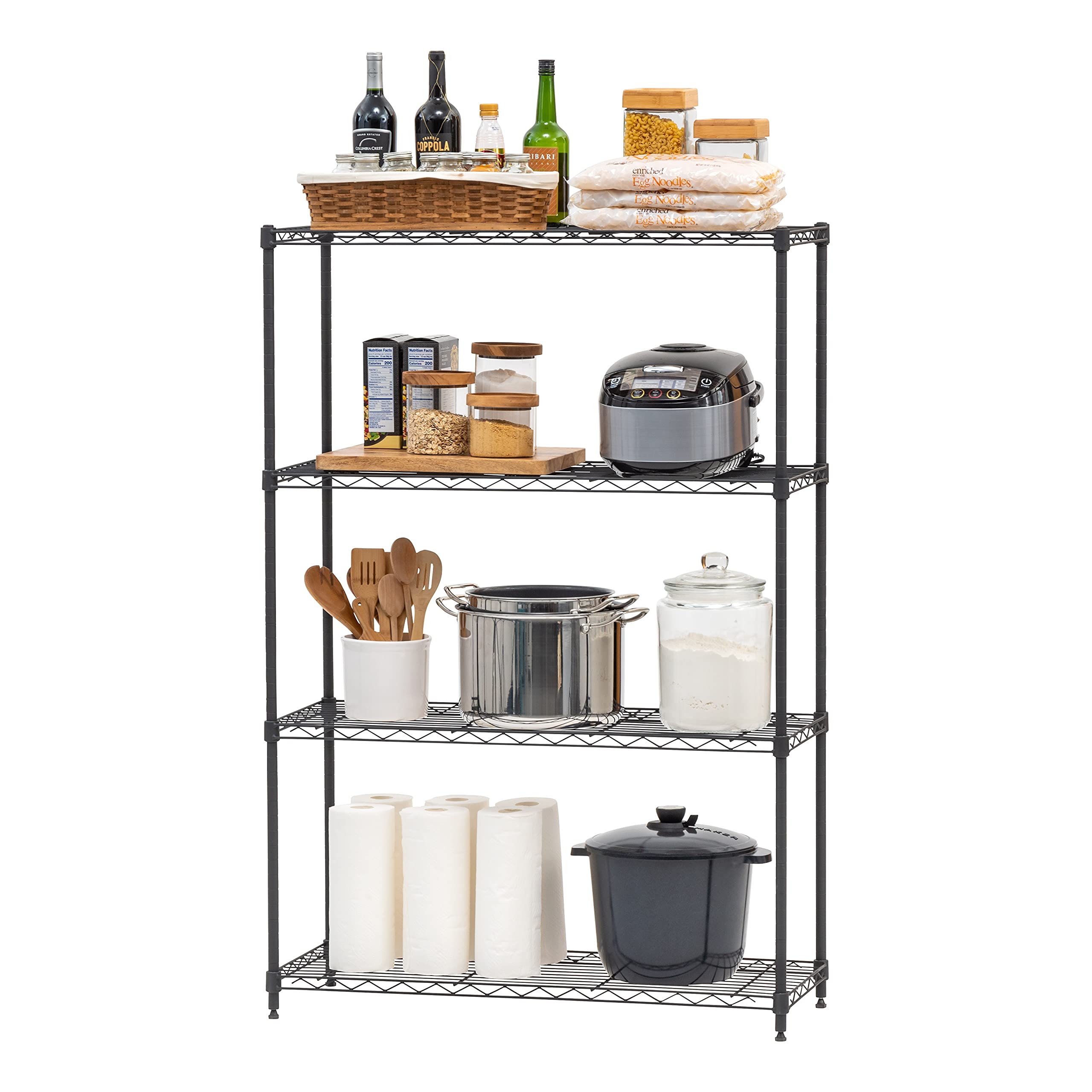 IRIS USA 4-Tier Adjustable Wire Shelving Unit - Heavy Duty Metal Storage Rack for Kitchen, Pantry, Garage & Office - Space Saving Organizer for Baking Supplies, Spices, Books & More - Matte Black (Model 596048)