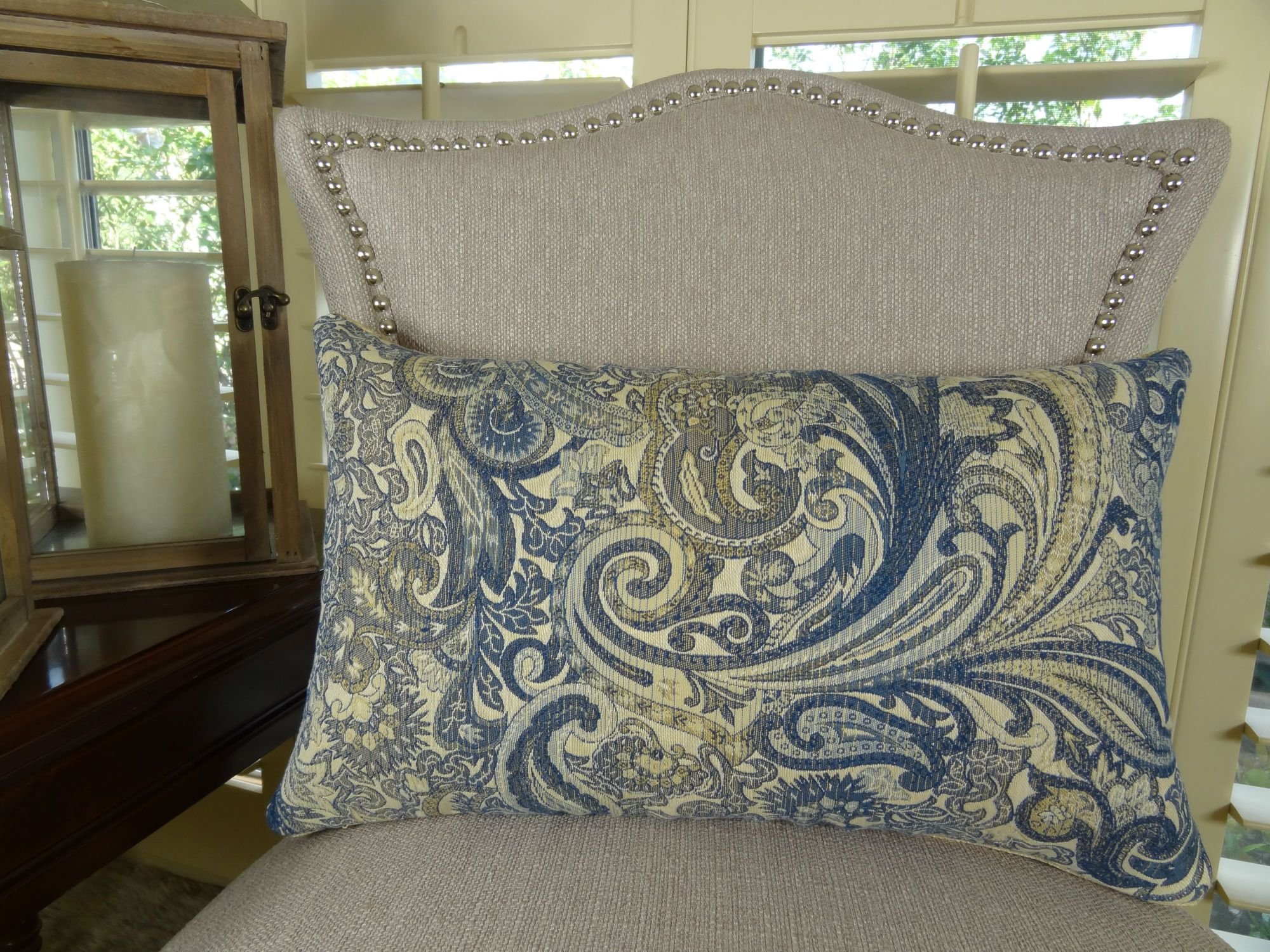 Navy Blue Floral Paisley Decorative Throw Pillow - Modern Designer Home Decor Cushion - Taupe Navy Cream Accent Pillow Made in USA | Perfect for Sofa, Bedroom & Living Room Decor