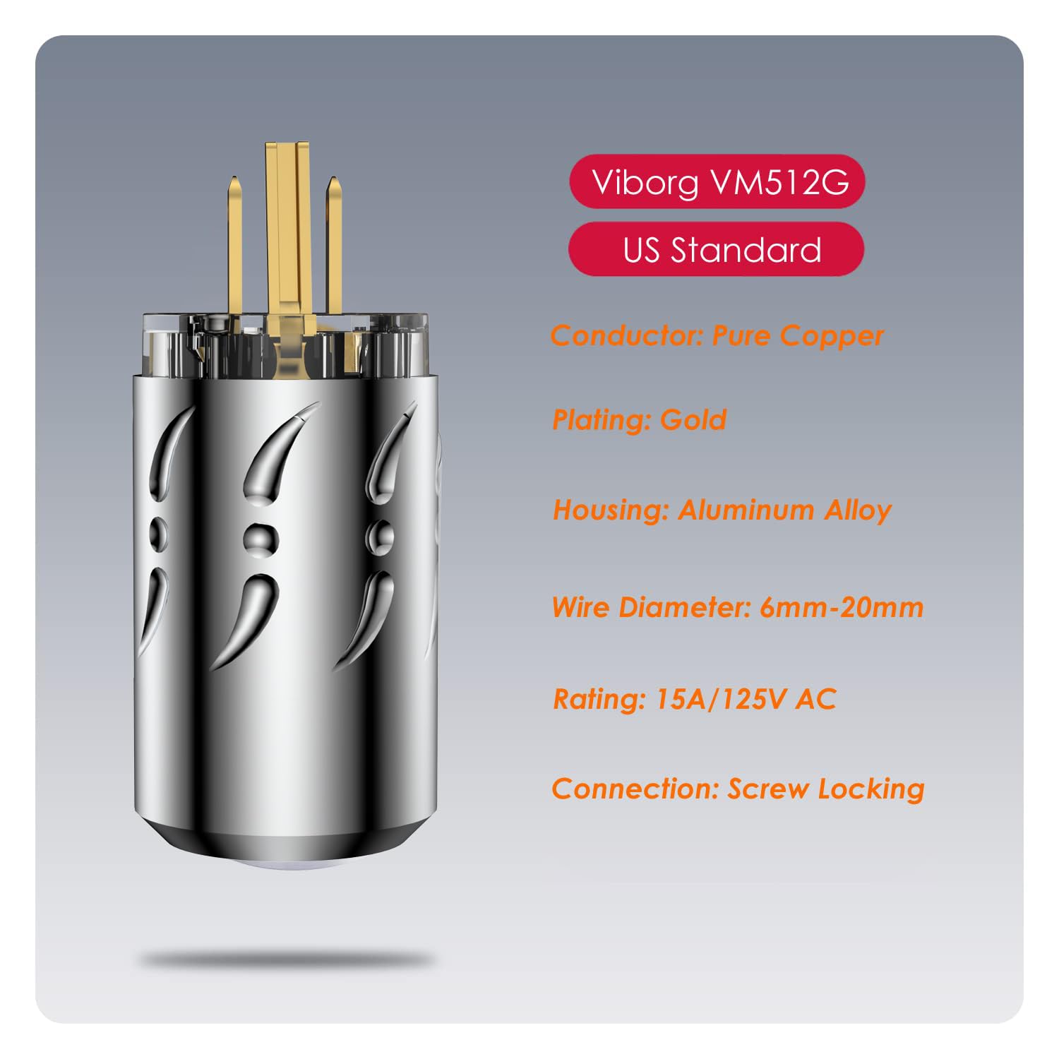 Premium Gold-Plated Pure Copper Non-Magnetic HiFi Power Plug Set (VM512G+VF512G) - US AC Mains Plug & IEC C15 Connector for Audiophile Power Cables | DIY Audio Equipment Upgrade for Home Theater & High-End Sound Systems