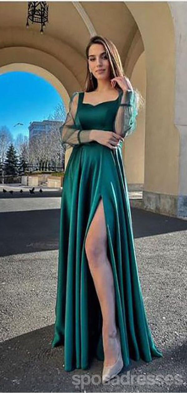 Elegant Green A-Line High Slit Long Sleeve Maxi Dress for Prom & Evening Events | Formal Gown with Side Slit | Perfect for Homecoming, Galas & Special Occasions
