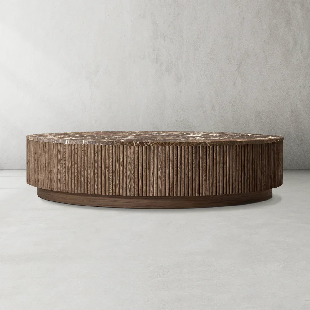 Mulholland Solid Oak Wood & Natural Stone Round Coffee Table - Modern Living Room Centerpiece for Home Decor