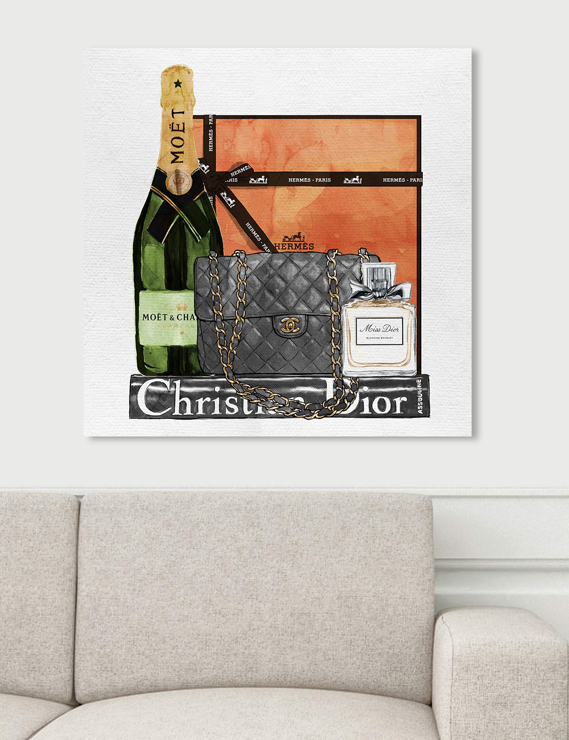 Oliver Gal 'Delicate Perfume and Books' Gray Fashion Wall Art Print - Premium Canvas 24x24 Inches - Modern Home Decor for Living Room, Bedroom & Office