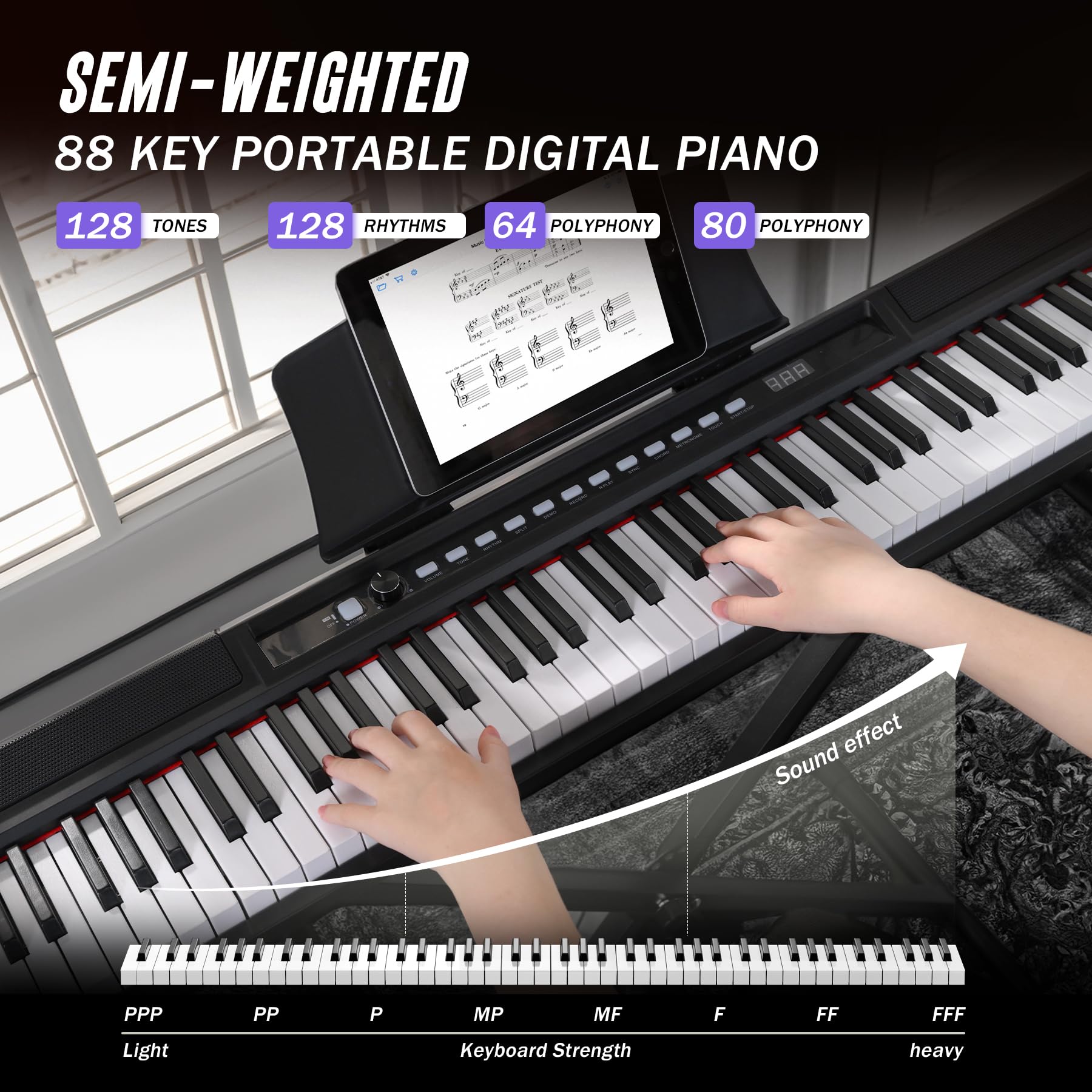 **88-Key Semi-Weighted Portable Digital Piano Keyboard Set for Beginners – Includes Stand, Carrying Case, Sustain Pedal & Headphones (Black) – Perfect for Home Practice, Studio Recording & Live Performances**