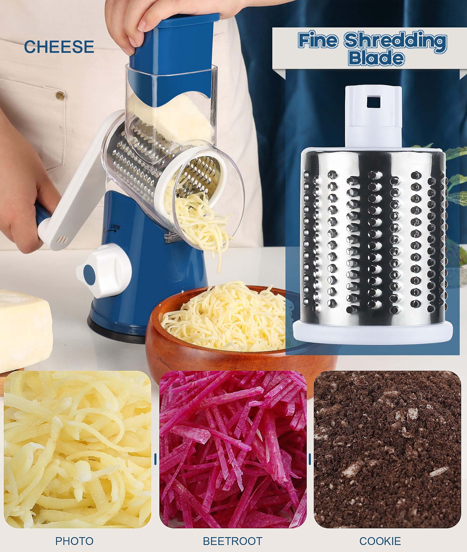 Ourokhome Rotary Cheese Grater - Hand Crank Kitchen Shredder with 3 Blades for Cheese, Vegetables, Nuts & Chocolate | Mandolin Slicer for Potato, Carrot & More | Perfect for Meal Prep, Baking & Cooking | Dark Blue