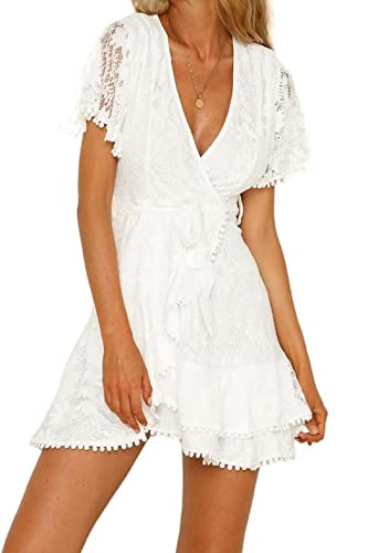 Apvirdy Floral Lace Wrap Mini Dress for Women - V Neck, Short Flutter Sleeve, Ruffle Hem Summer Dress - Perfect for Date Night, Cocktail Party & Beach Vacation