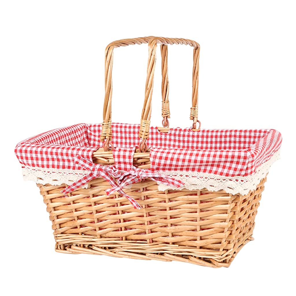 Willow Picnic Basket with Red Grid Lining - Portable Wooden Storage Basket for Eggs, Fruits & Gifts - Perfect for Outdoor Picnics, Family Outings & Home Organization (11.1