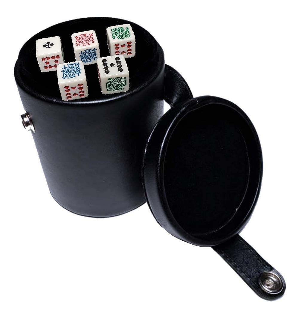 Premium Black Leatherette Dice Cup with Storage - Poker Dice Set Included (Clubs Ace Design) - Perfect for Casino Nights, Poker Parties & Board Games