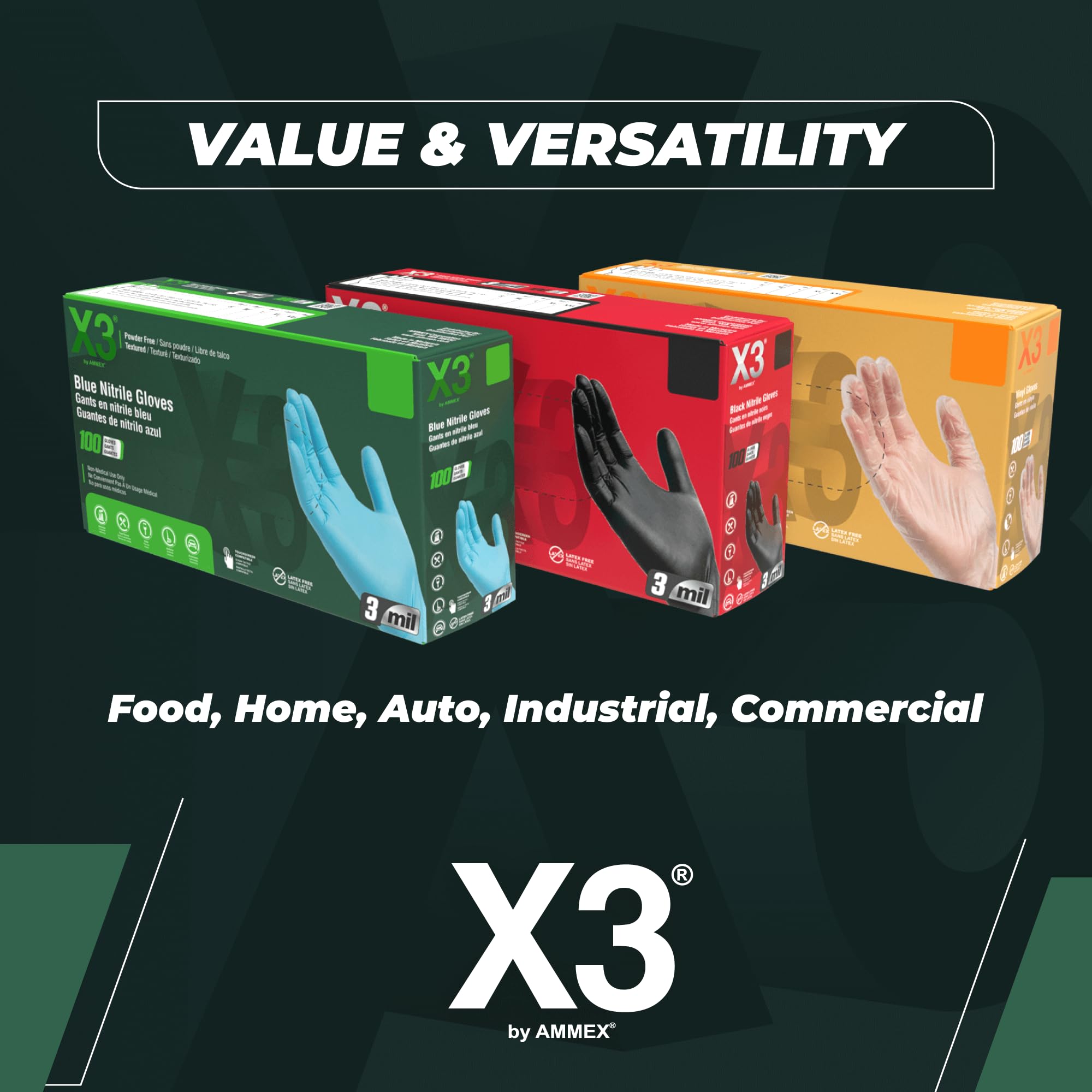 X3 Black Nitrile Disposable Industrial-Grade Gloves 3 Mil - Latex Free, Powder Free, Food Safe, Non-Sterile, Textured Grip - Perfect for Food Handling, Medical Use, Cleaning & Industrial Work