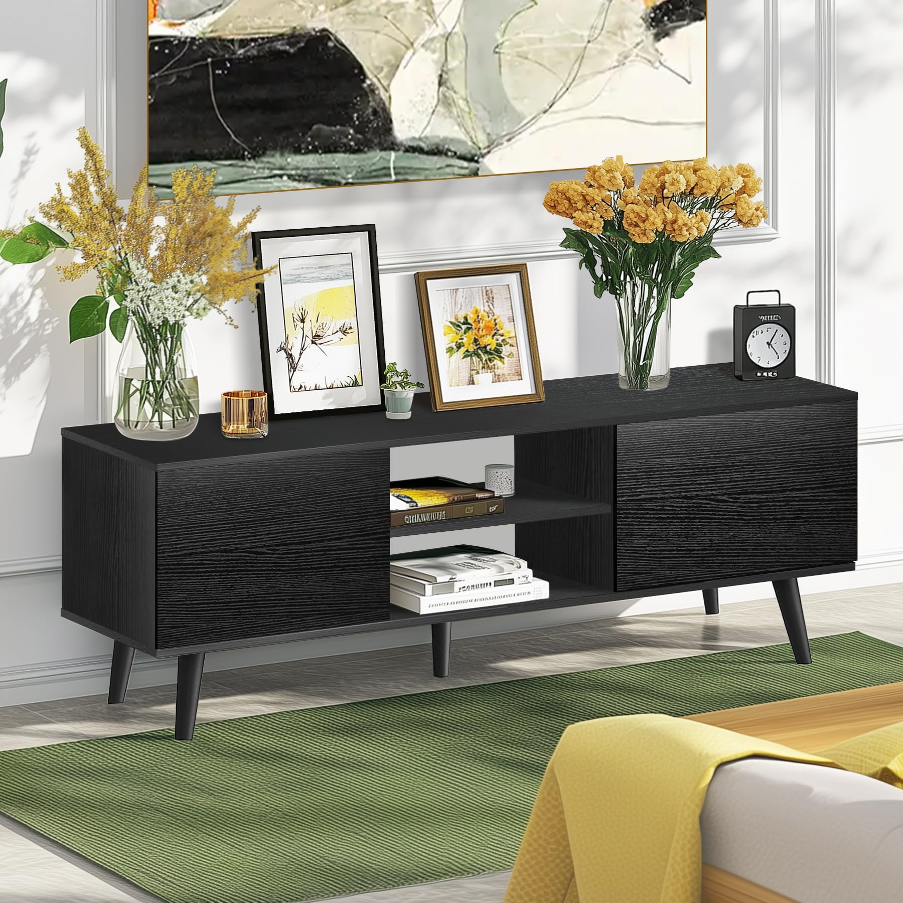 55-60 Inch TV Stand with Storage - Modern Black Wood Entertainment Center for Living Room, Bedroom & Office - Perfect for Home Theater & Media Organization