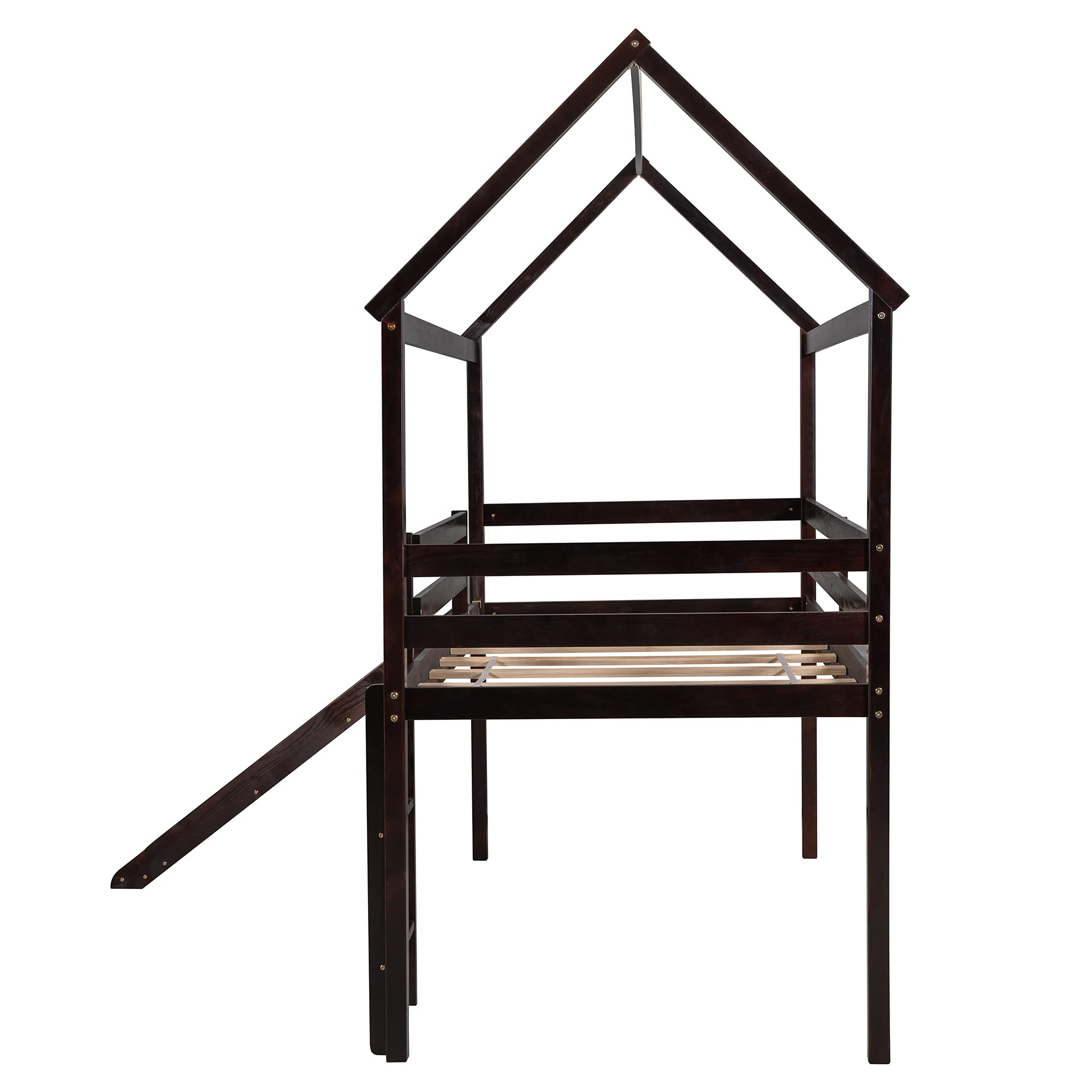 Twin Size Wooden Loft Bed with Slide, Roof & Ladder - Solid Wood House Bed Frame for Kids & Teens - No Box Spring Needed (Espresso) - Perfect for Small Bedrooms, Playrooms & Kids' Sleepovers